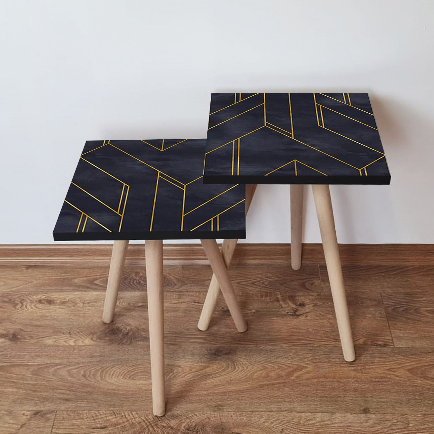 Set masute de cafea, Hanah Home, mdf, albastru marin si auriu, 35x35x47 cm