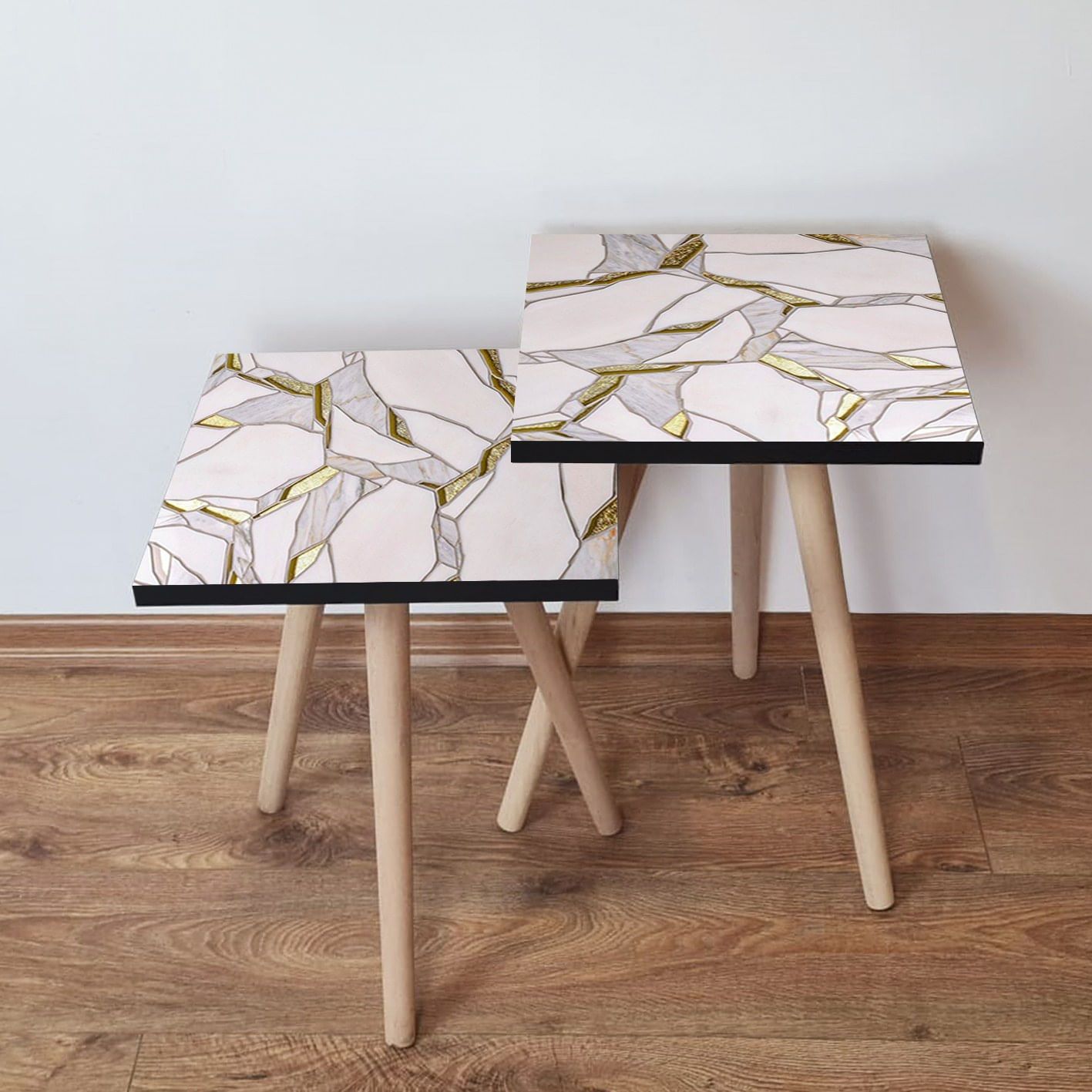 Set masute de cafea, Hanah Home, mdf, alb gri auriu, 35x35x47 cm