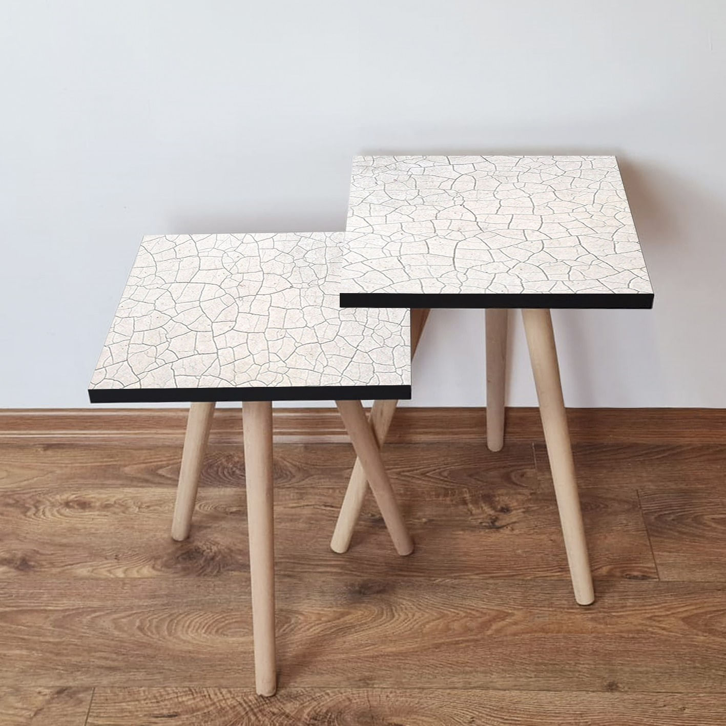 Set masute cuib, Hanah Home, mdf, alb si gri, 35x35x47 cm, picioare lemn fag