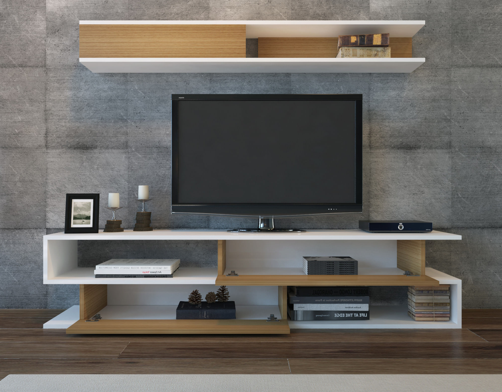 Comoda tv, Hanah Home, pal melaminat, alb si tec, 176x39x31.5 cm — imaginea 8