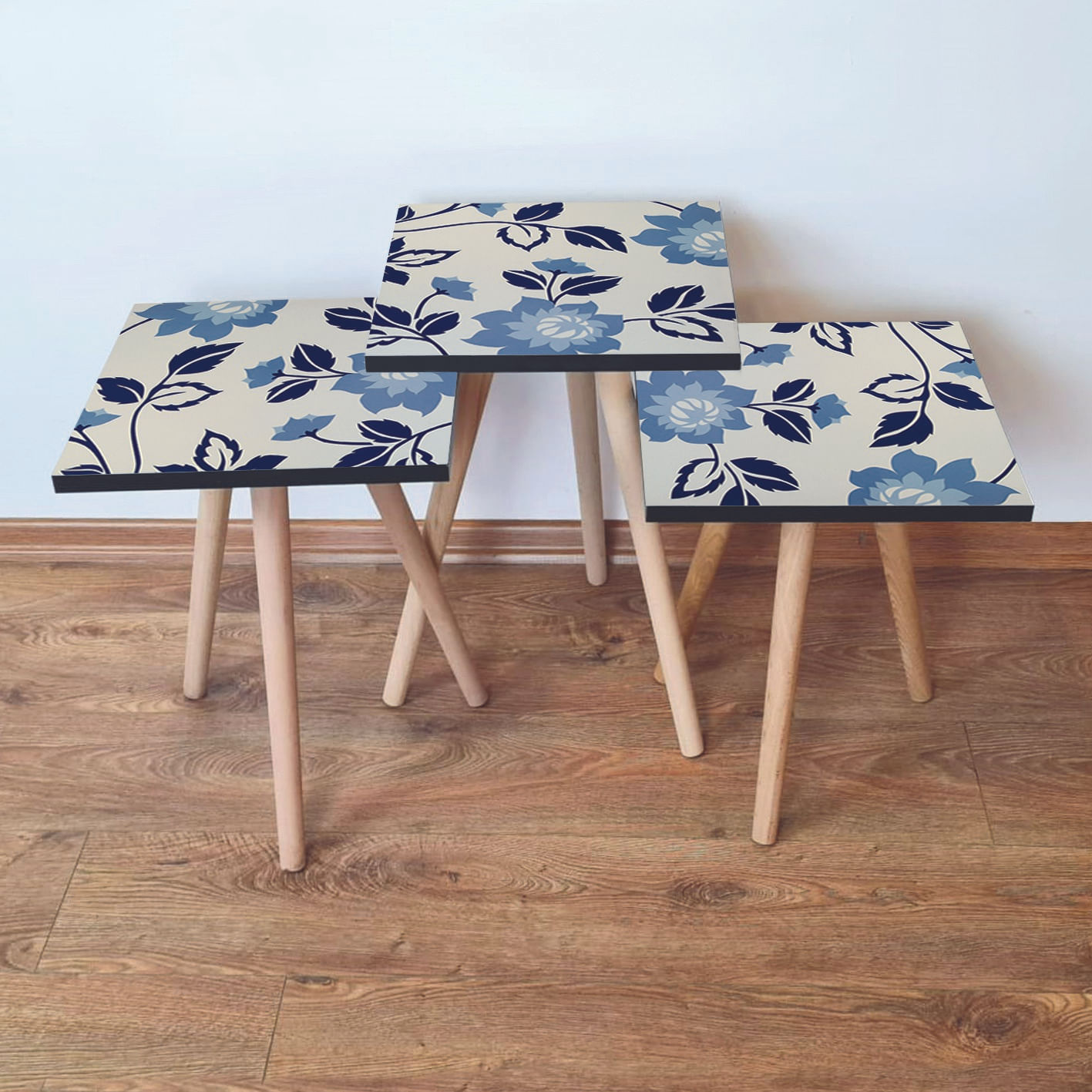 Set mese cuib, Hanah Home, mdf, bej, albastru marin, albastru, picioare lemn fag, 35x35x52 cm
