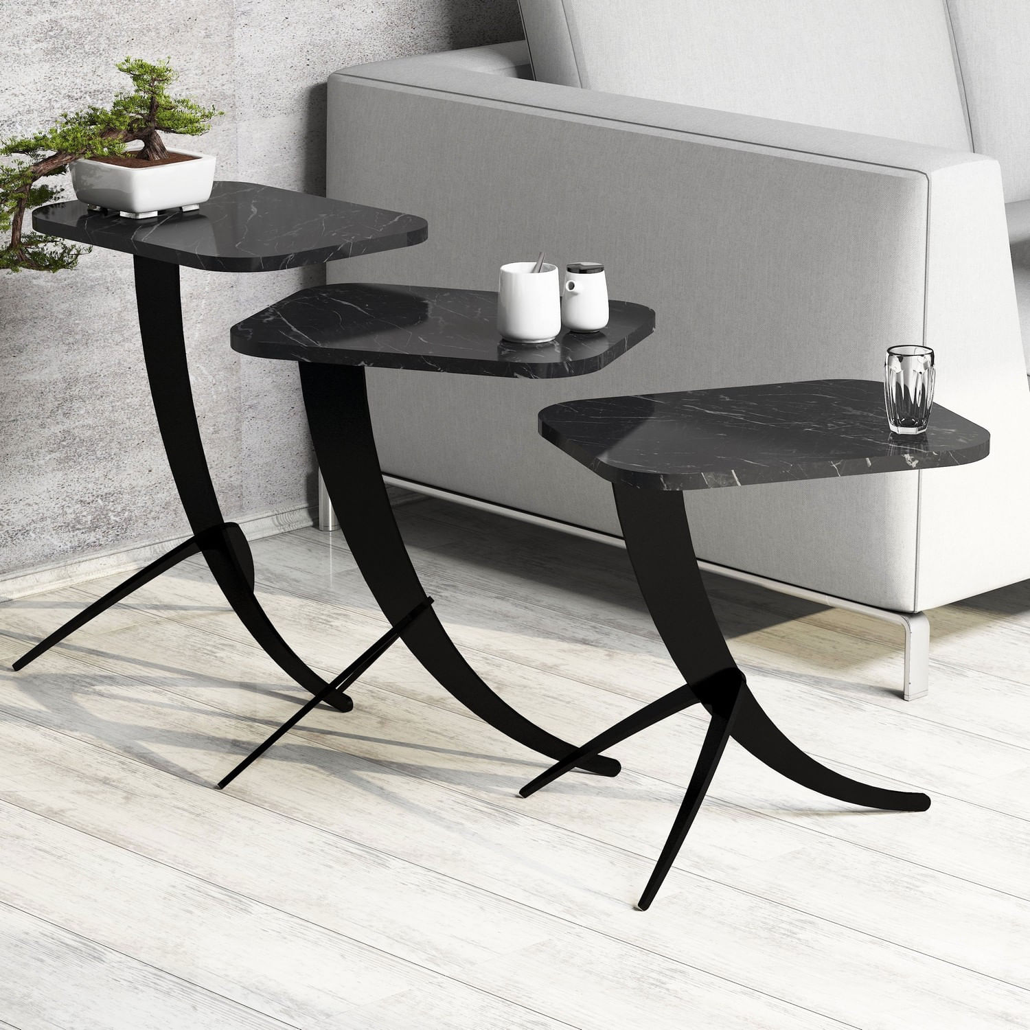 Set masute de cafea, Hanah Home, panou de particule melaminat, negru, 35x60x45 cm, picioare metalice — imaginea 5