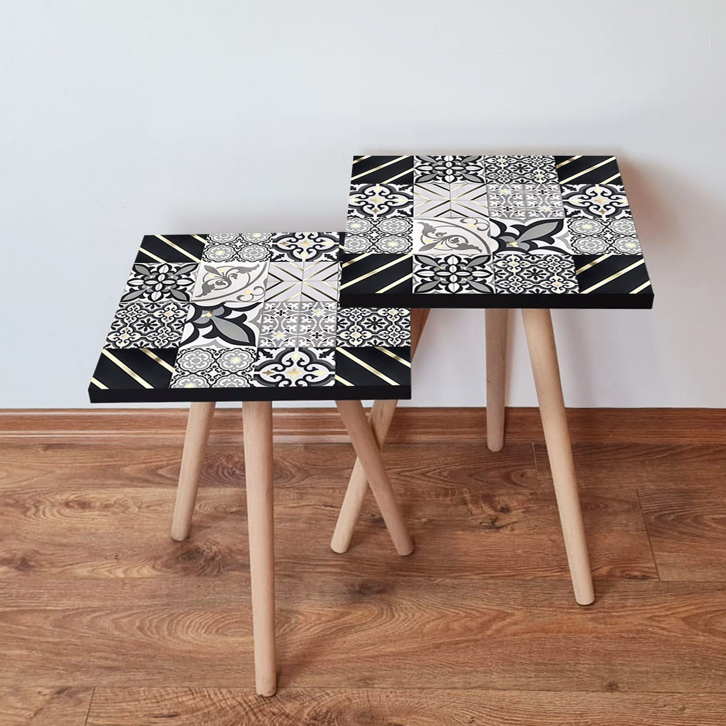 Set masute de cafea, Hanah Home, mdf, negru alb auriu, 35x35x47 cm