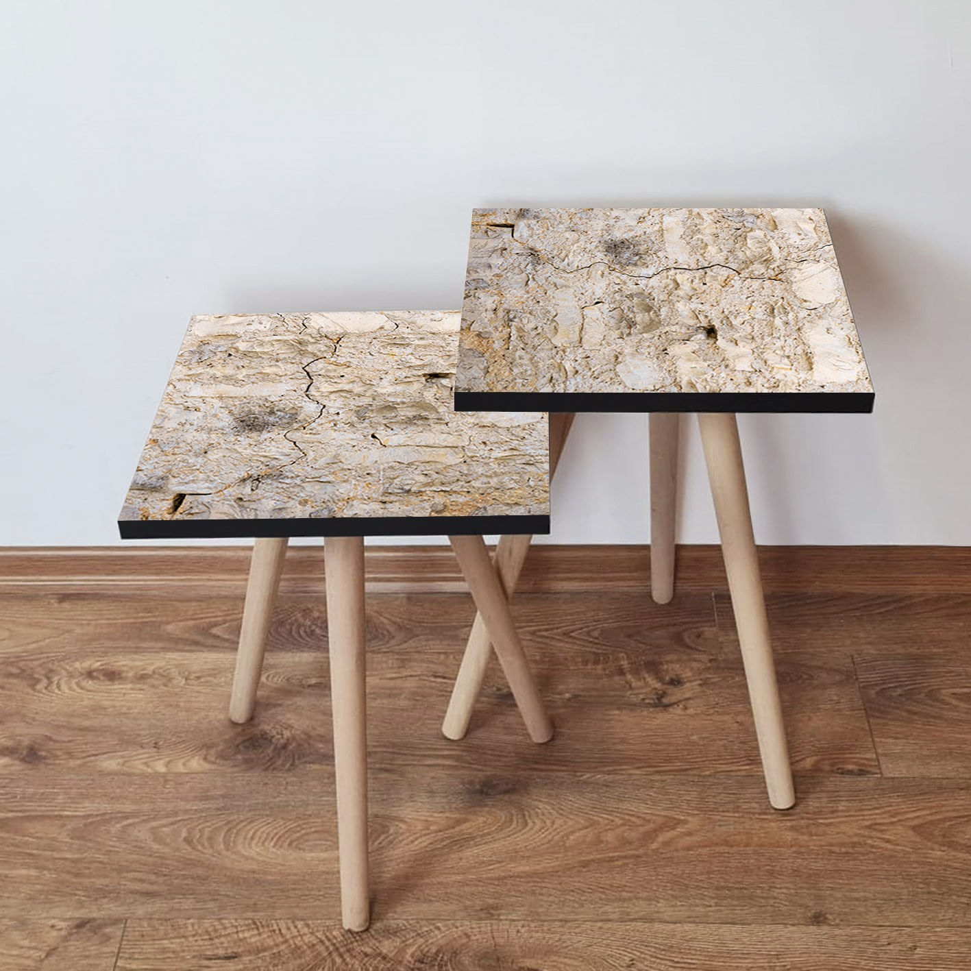 Set masute de cafea, Hanah Home, mdf, bej, 35x35x47 cm, picioare lemn fag