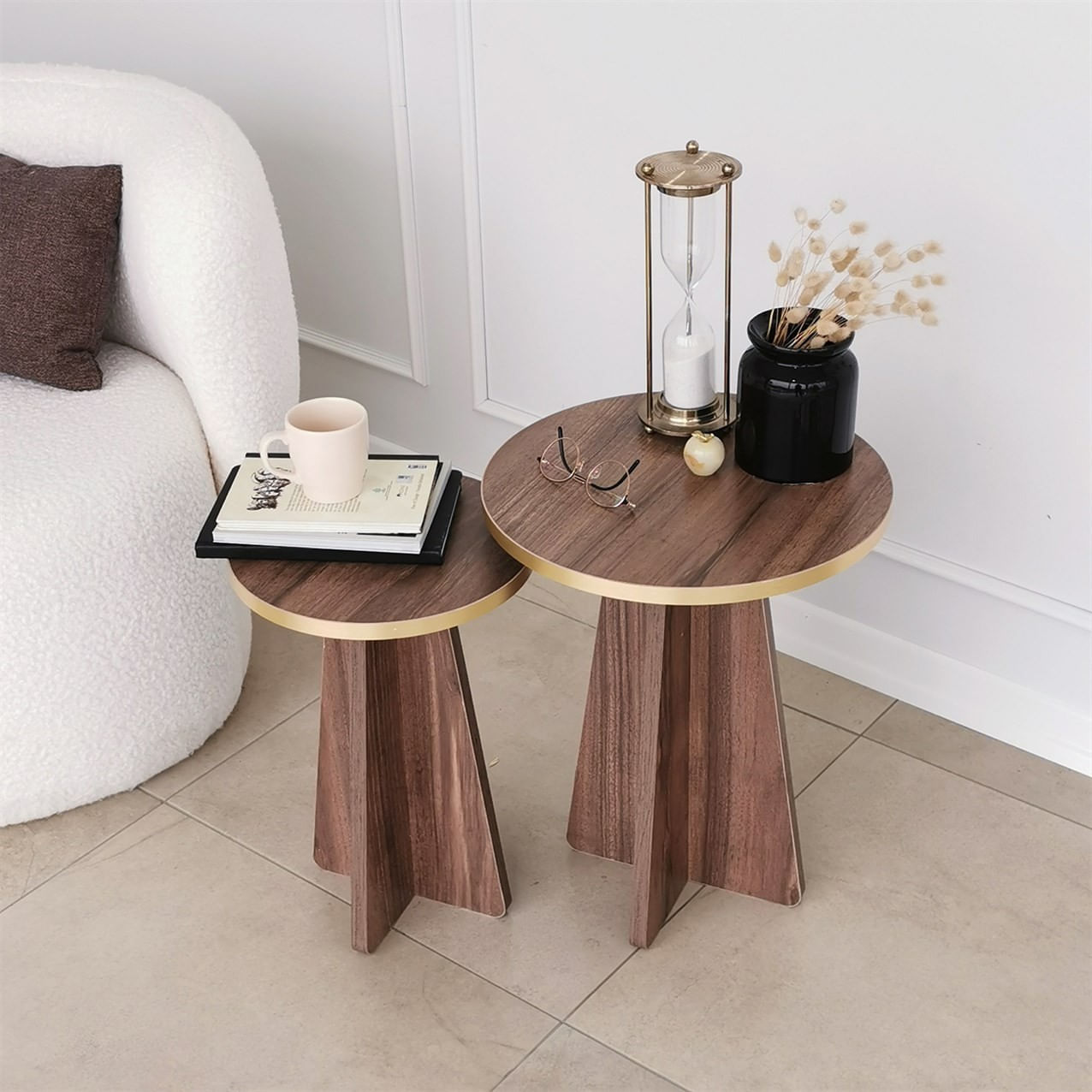 Set masute de cafea, Hanah Home, pal melaminat, auriu si nuc, 40x50x40 cm si 30x45x30 cm — imaginea 3