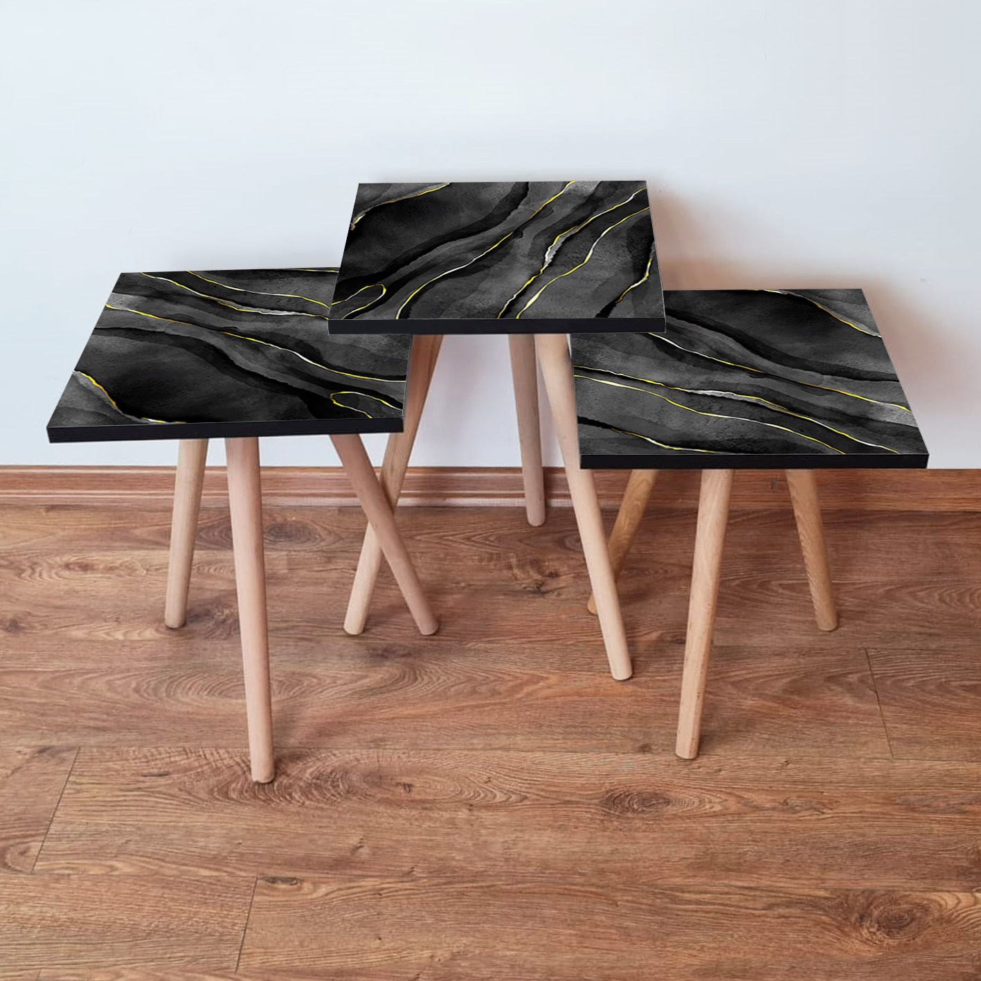 Set masute de cafea, Hanah Home, mdf, negru gri auriu, 35x35x52 cm