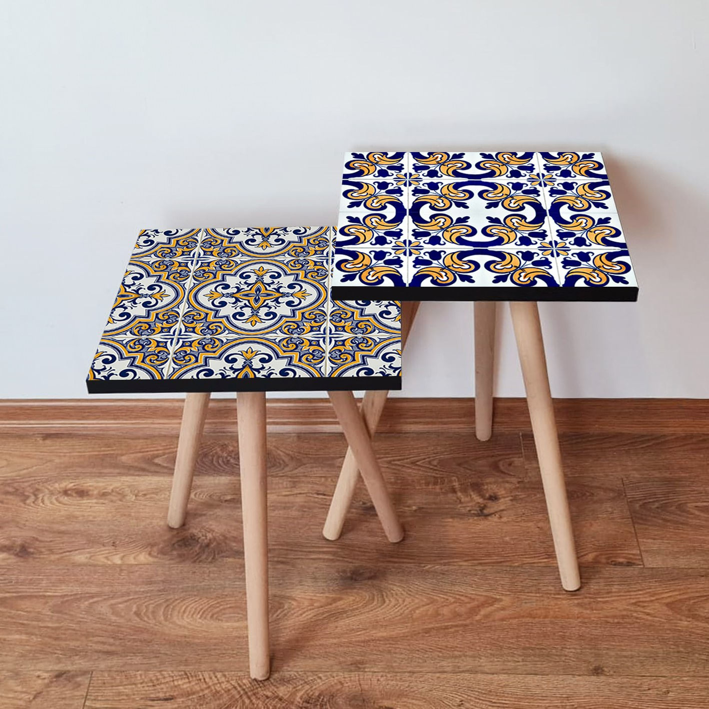 Set masute de cafea, Hanah Home, mdf, albastru marin galben alb, 35x47x35 cm, 2 piese