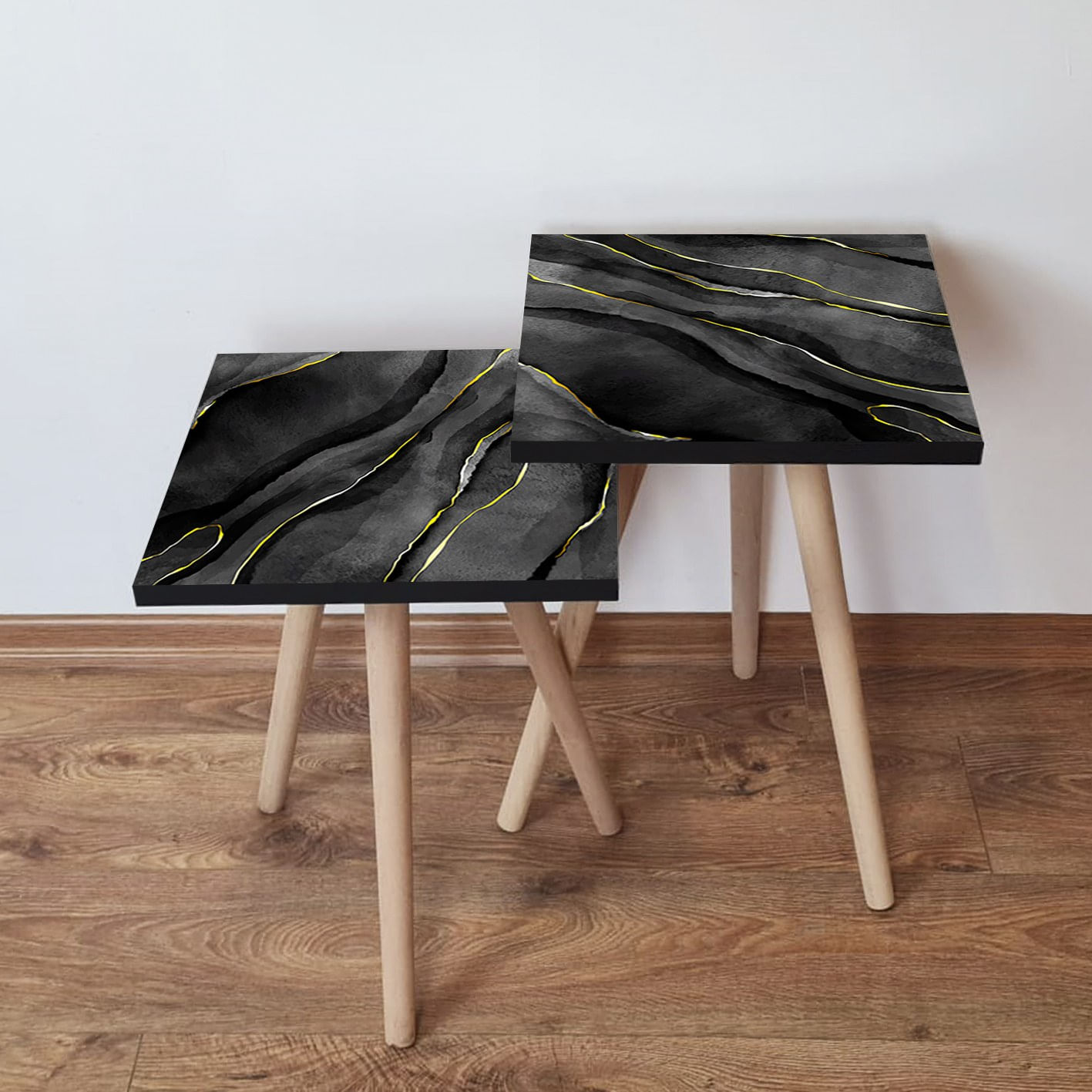 Set masute de cafea, Hanah Home, mdf, negru galben alb, 35x47x35 cm, 35x42x35 cm