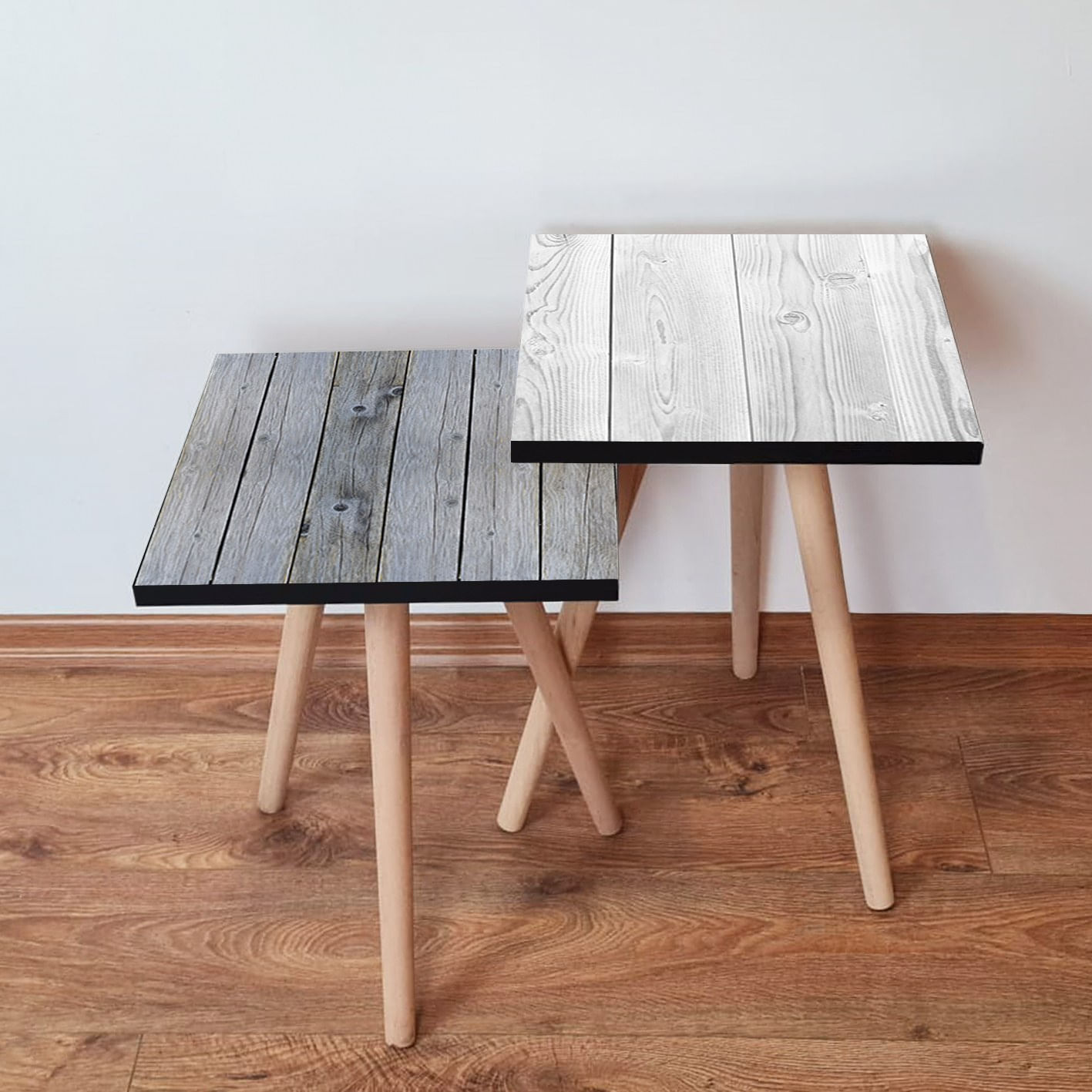 Set masute de cafea cuib, Hanah Home, mdf, gri alb, 35x47x35 cm, picioare lemn fag