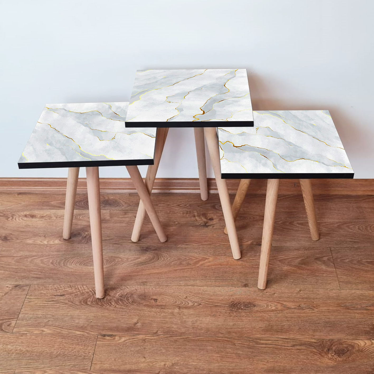 Set masute de cafea cuib, Hanah Home, mdf, alb gri auriu, 35x35x52 cm