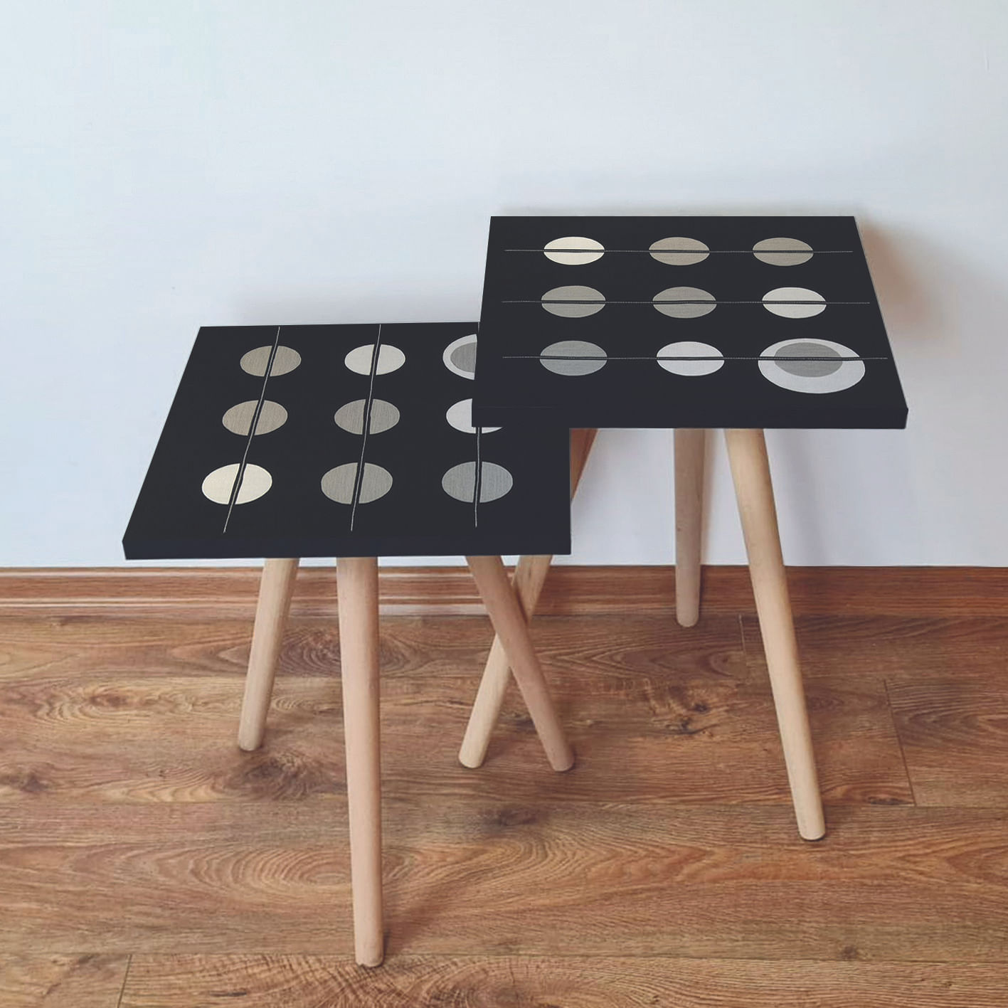 Set masute de cafea, Hanah Home, mdf, negru/bej/gri, 35x47x35 cm, picioare lemn fag