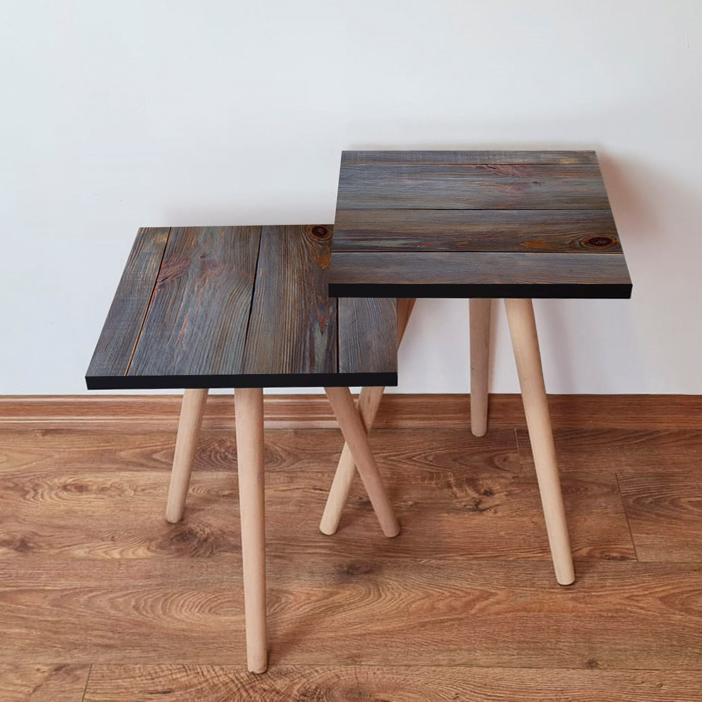Set masute de cafea, Hanah Home, mdf, maro si gri, 35x35x47 cm, picioare lemn fag