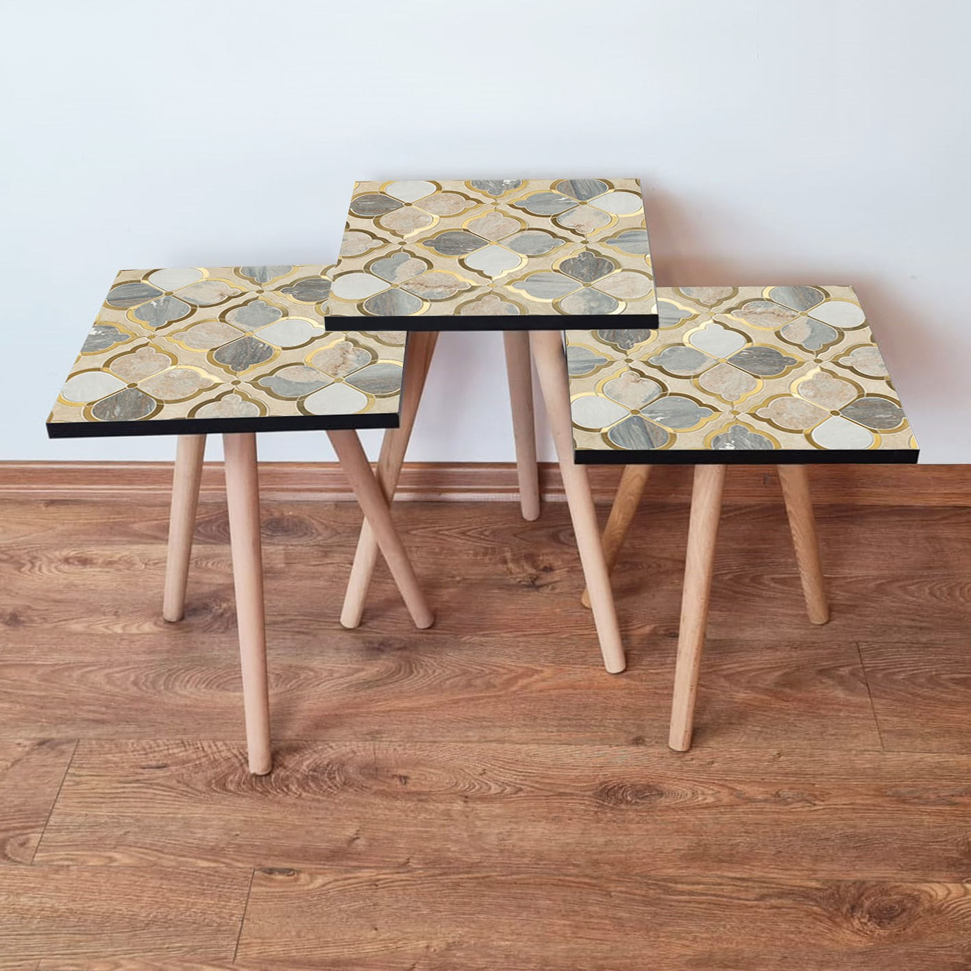 Set masute de cafea, Hanah Home, mdf, bej gri alb, 35x35x52 cm