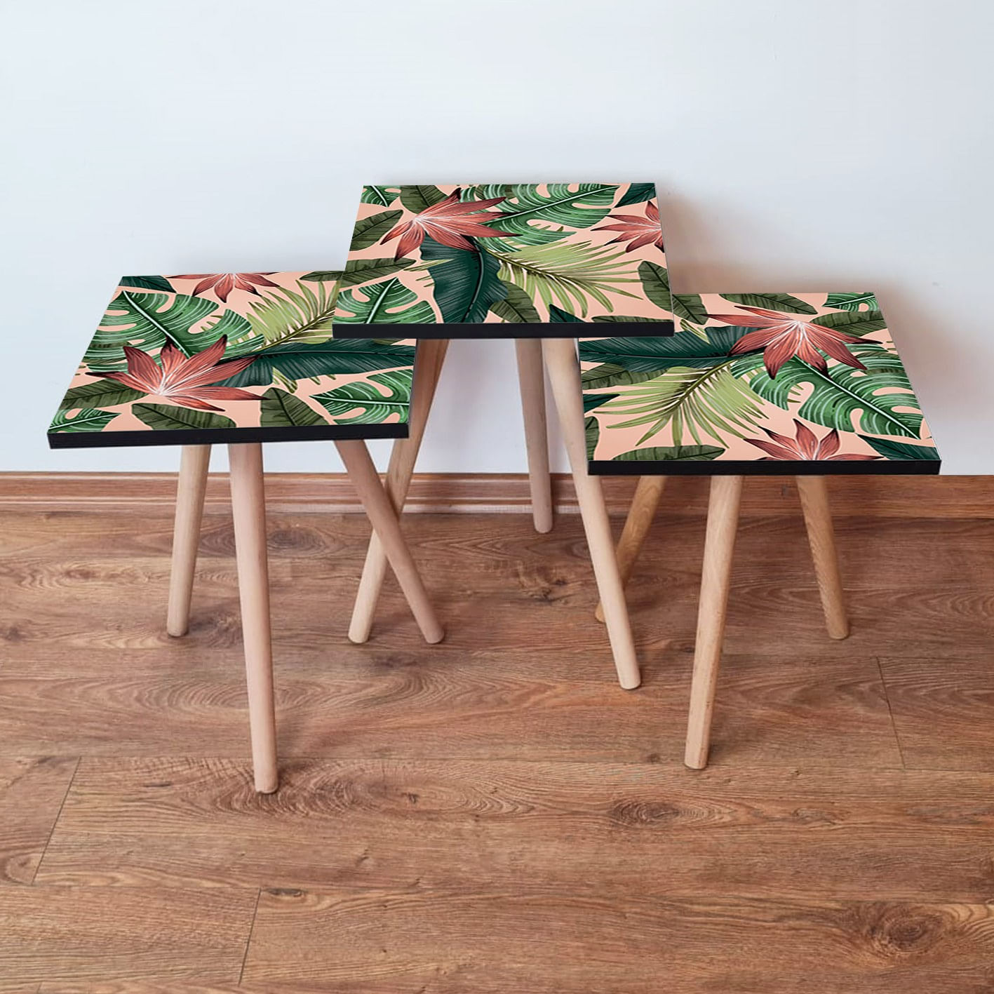 Set masute de cafea, Hanah Home, mdf, somon verde rosu tigla, 35x35x52 cm
