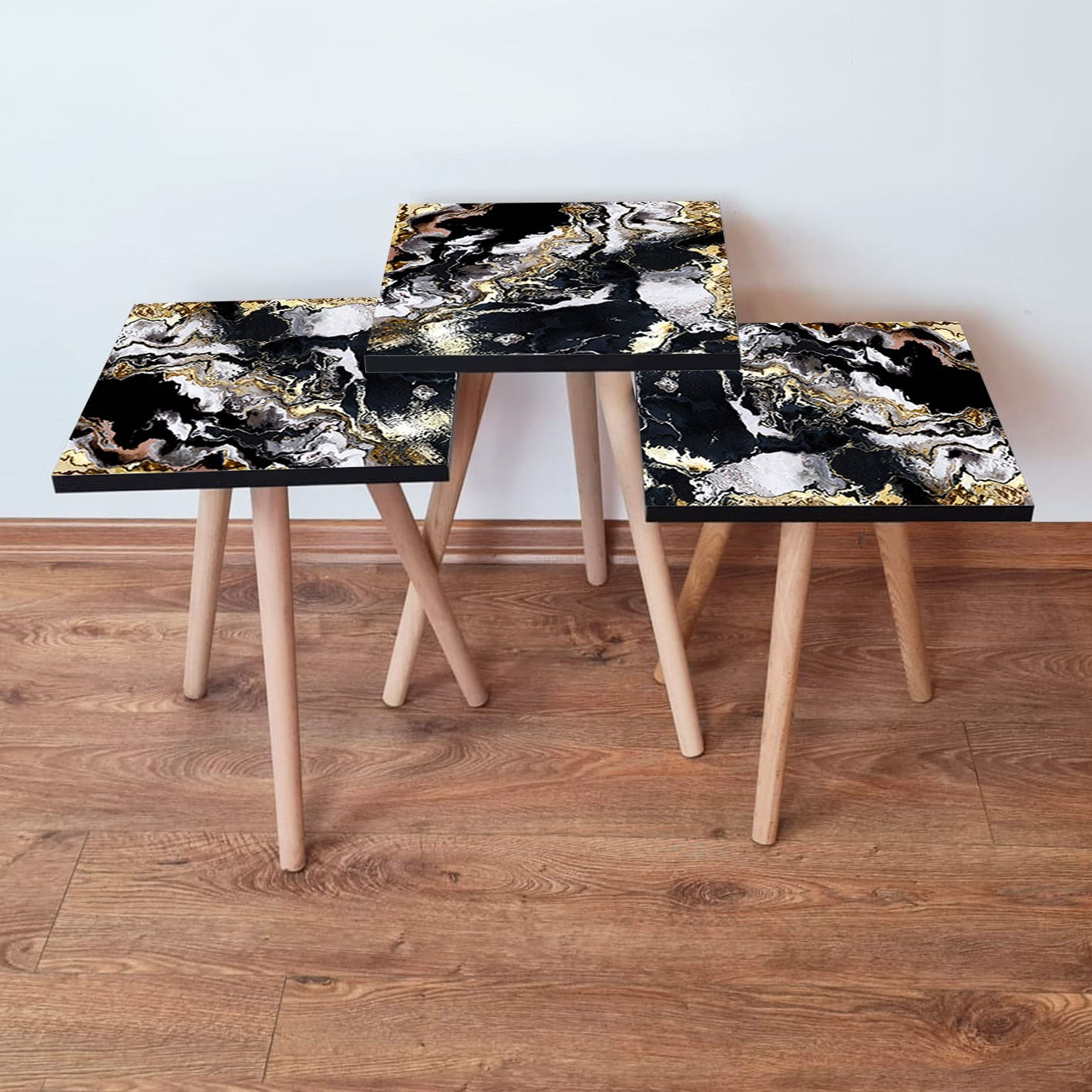 Set masute de cafea, Hanah Home, mdf, negru alb auriu, 3 piese