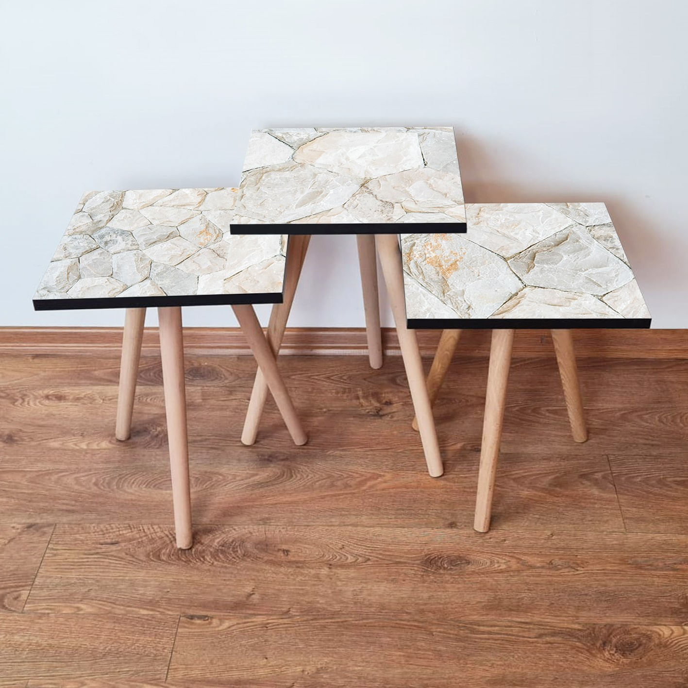 Set masute de cafea suprapuse, Hanah Home, mdf, alb bej, 35x35x52 cm
