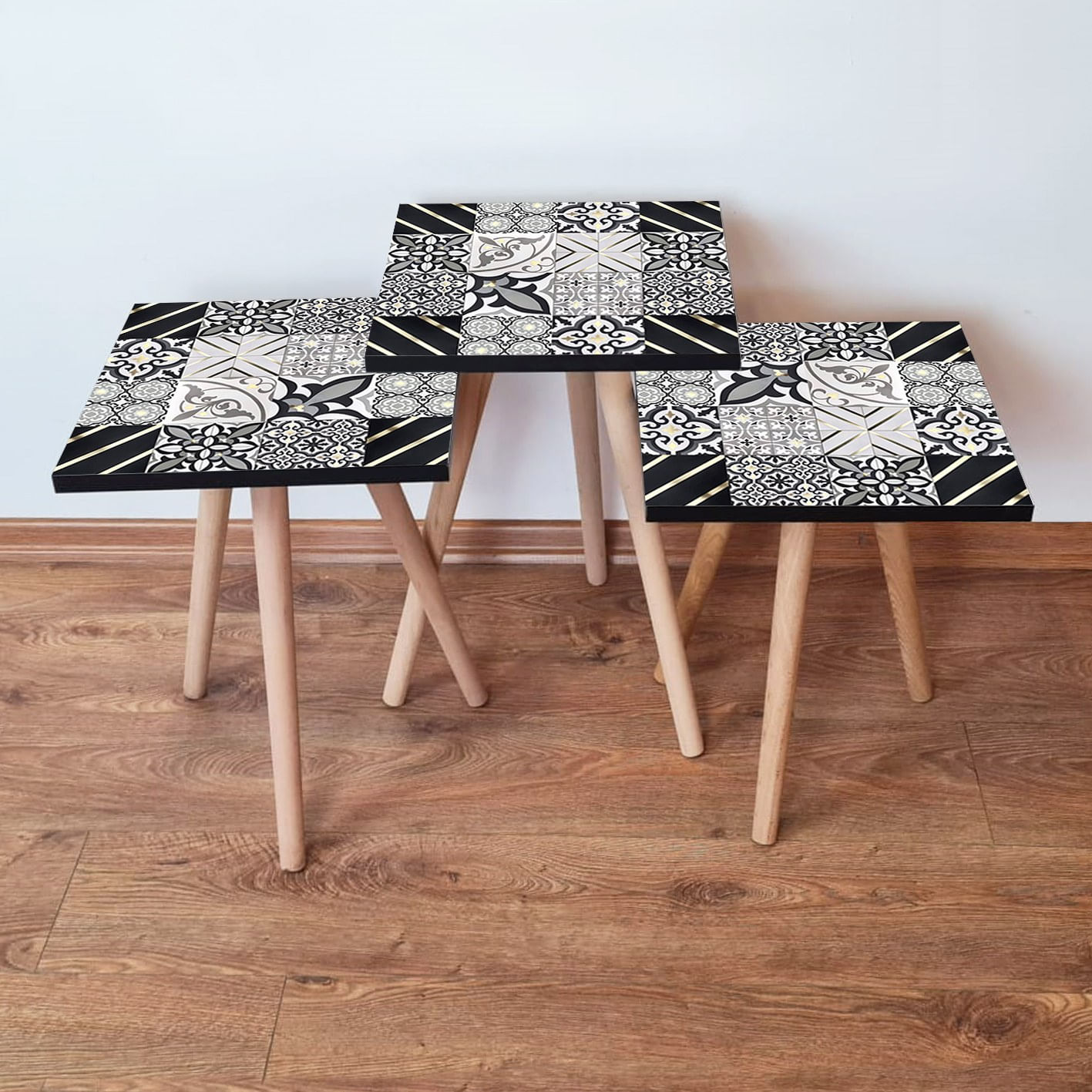 Set masute cuib, Hanah Home, mdf, negru alb auriu, 35x35x52 cm