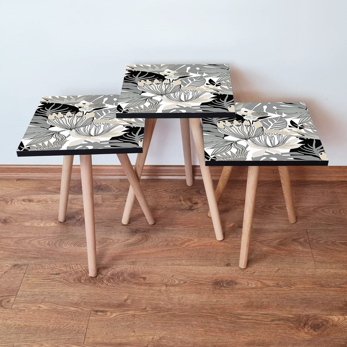 Set masute de cafea, Hanah Home, mdf, alb negru bej, 35x35x52 cm