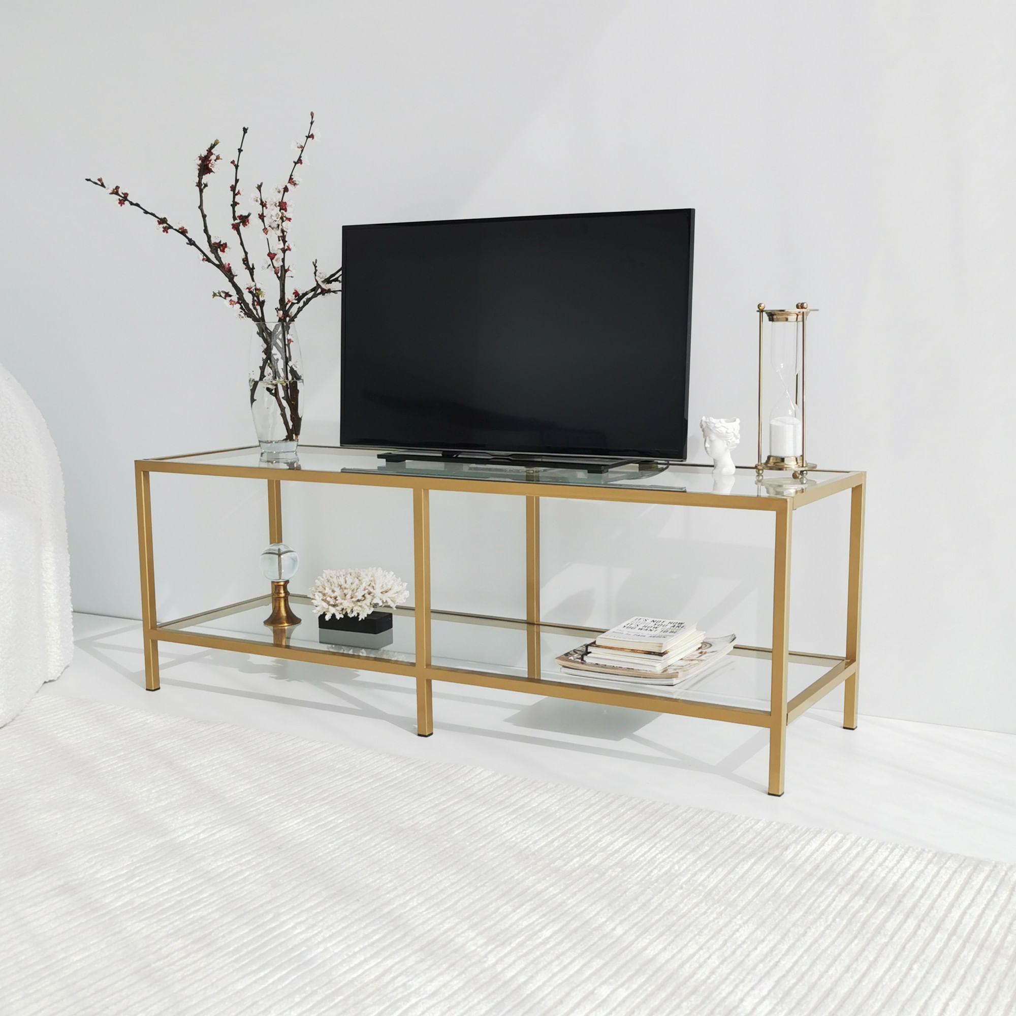 Suport tv, Hanah Home, sticla securizata si metal, auriu, 130x45x40 cm — imaginea 2