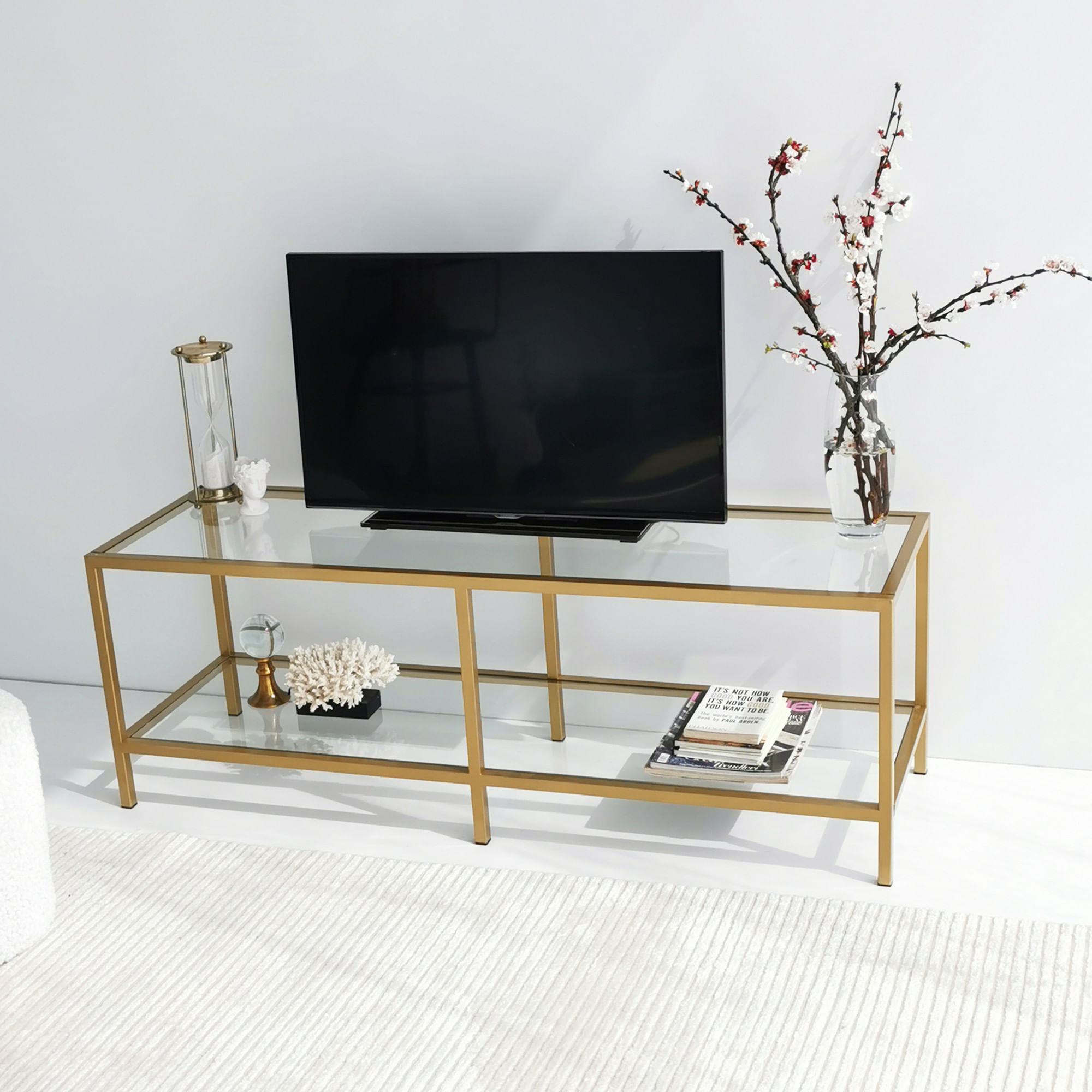 Suport tv, Hanah Home, sticla securizata si metal, auriu, 130x45x40 cm — imaginea 3