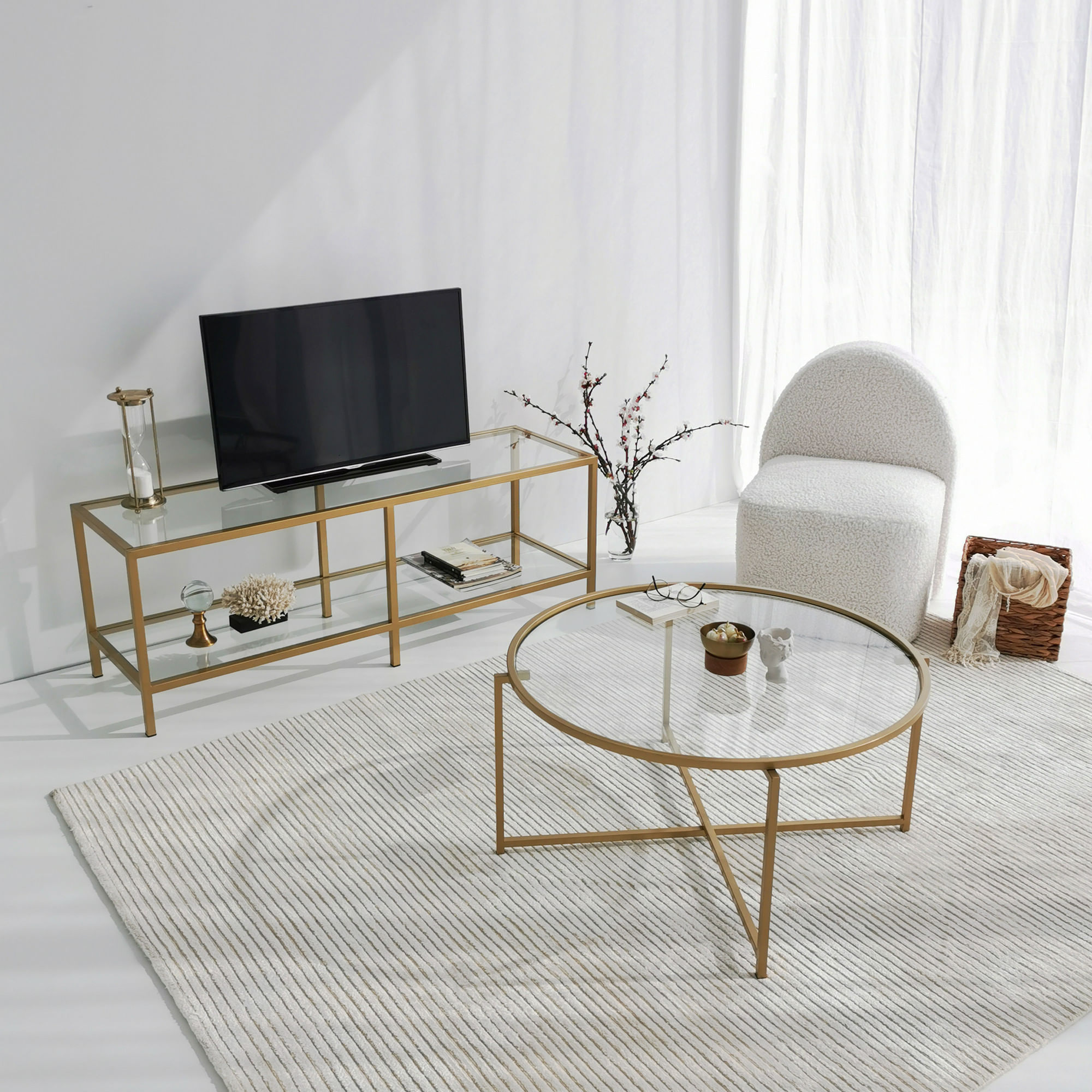 Suport tv, Hanah Home, sticla securizata si metal, auriu, 130x45x40 cm — imaginea 4