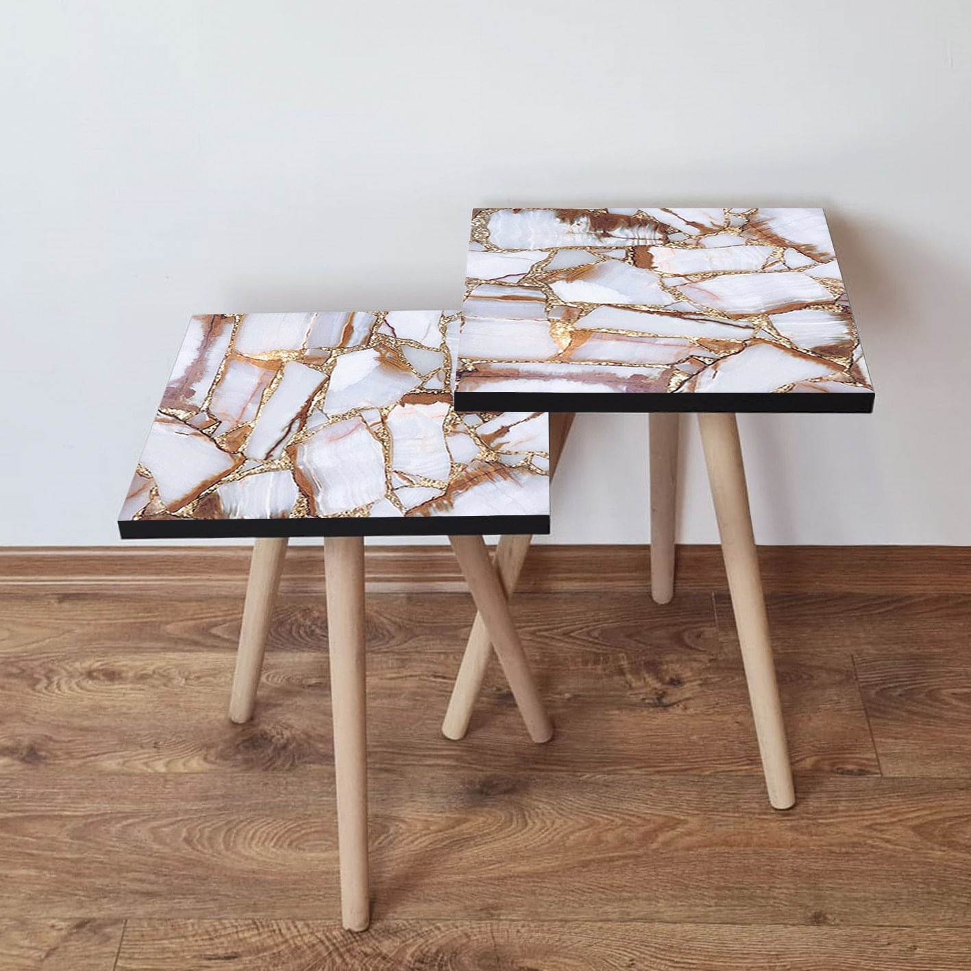 Set masute de cafea, Hanah Home, mdf, maro alb auriu, 35x35x47 cm