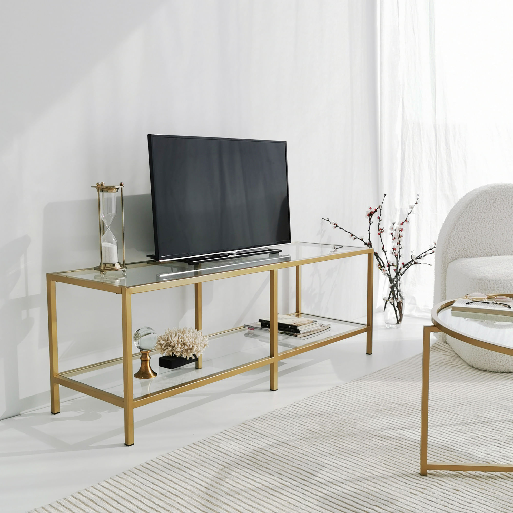 Suport tv, Hanah Home, sticla securizata si metal, auriu, 130x45x40 cm — imaginea 5