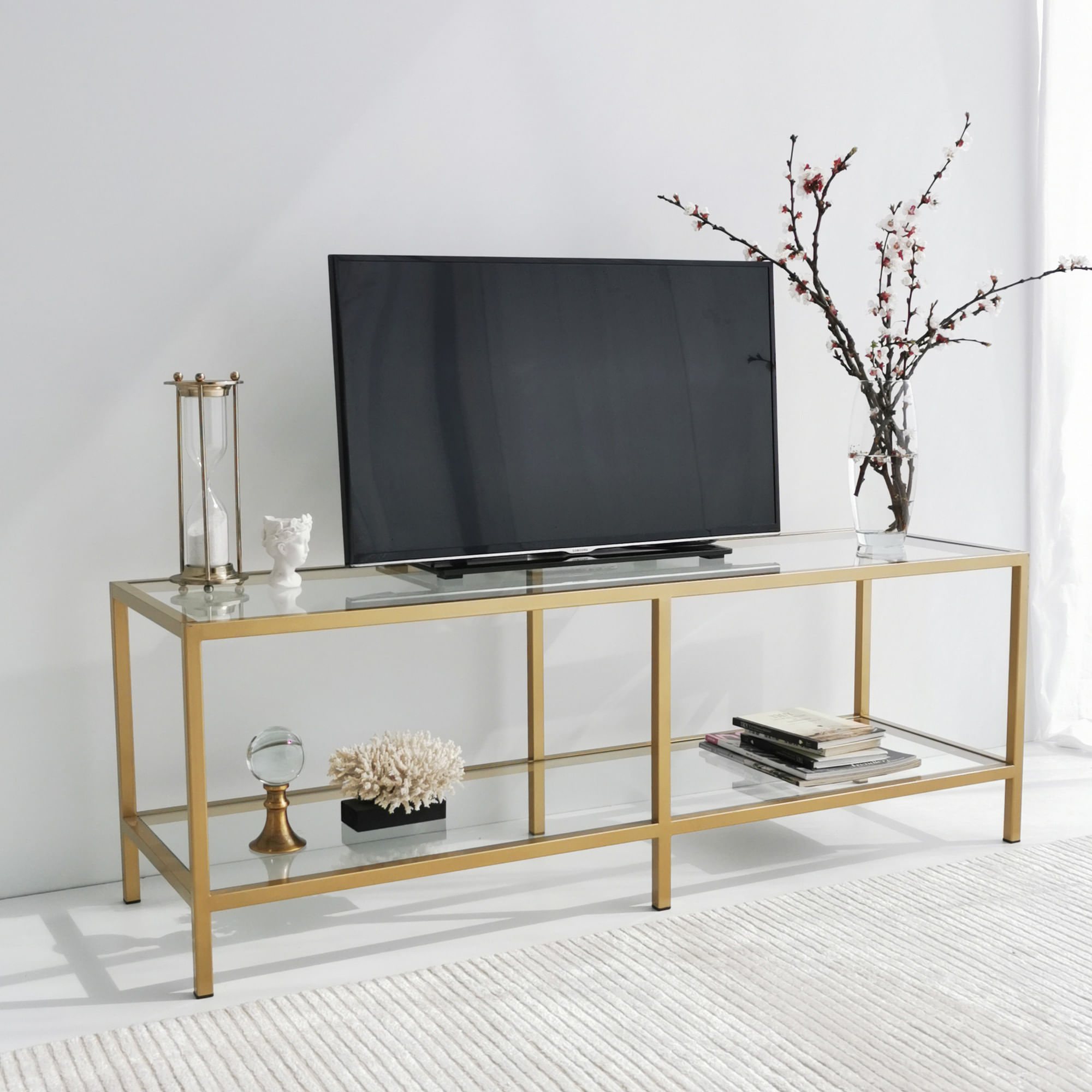 Suport tv, Hanah Home, sticla securizata si metal, auriu, 130x45x40 cm — imaginea 7