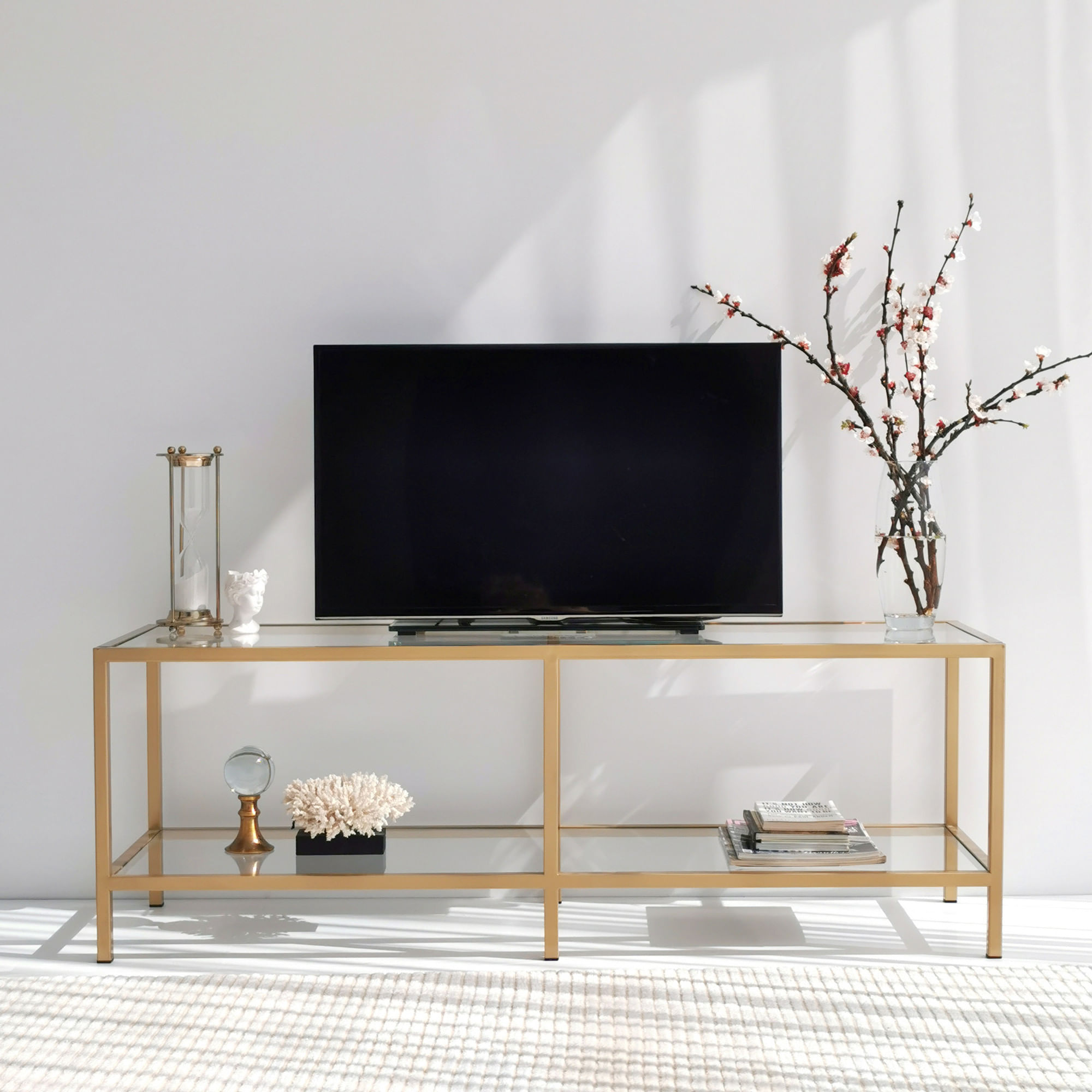 Suport tv, Hanah Home, sticla securizata si metal, auriu, 130x45x40 cm — imaginea 8