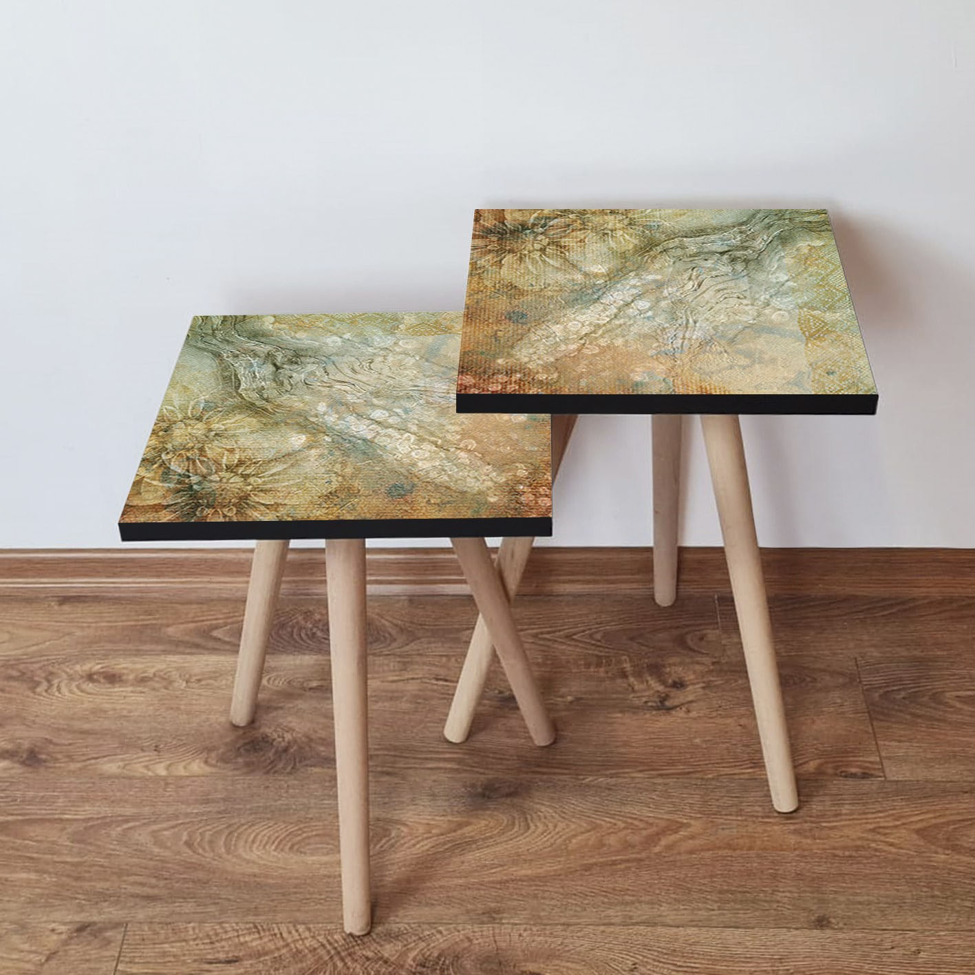 Set masute de cafea, Hanah Home, mdf, bej verde alb, 35x35x47 cm, set 2 piese