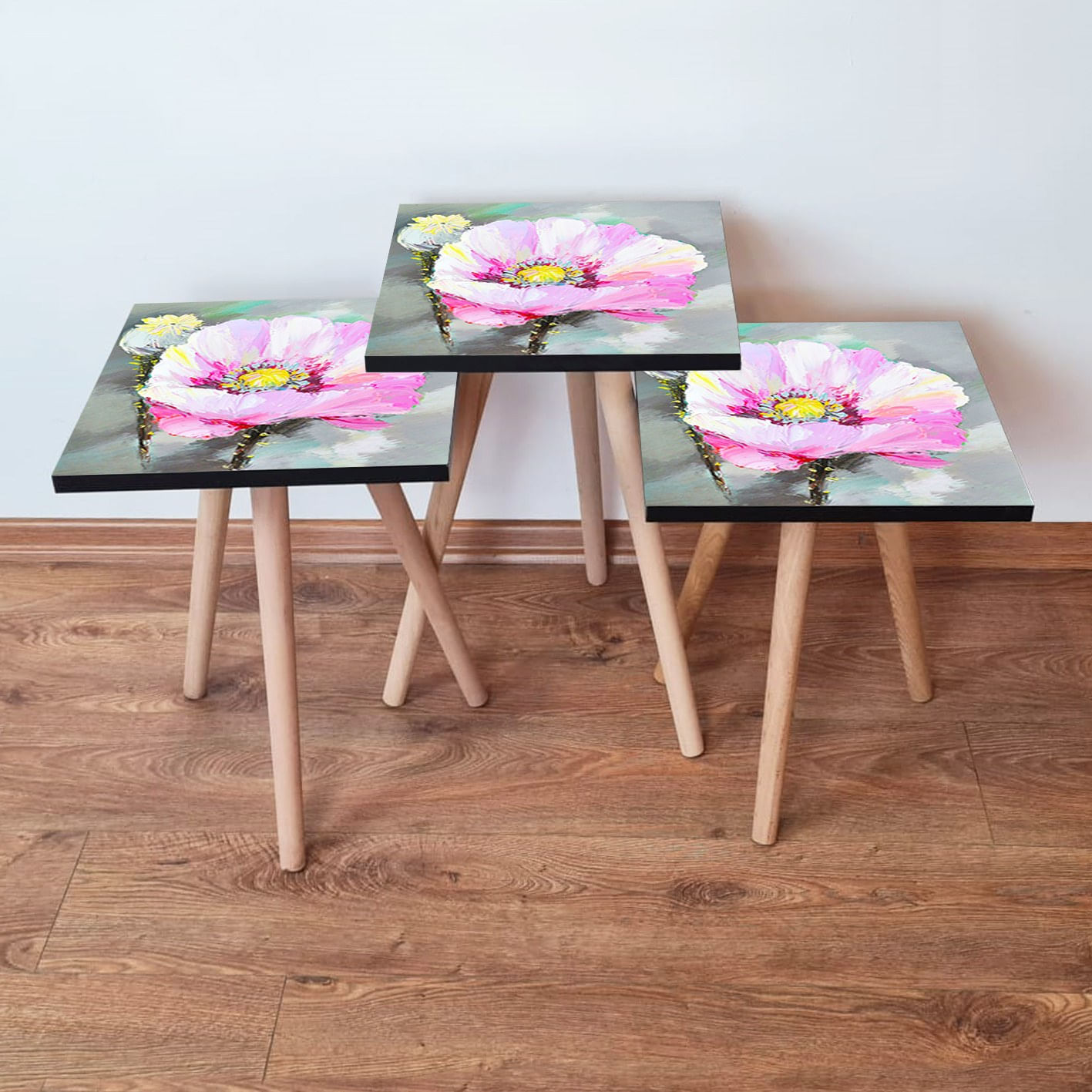 Set masute cuib, Hanah Home, mdf, alb roz gri galben, 35x35x52 cm