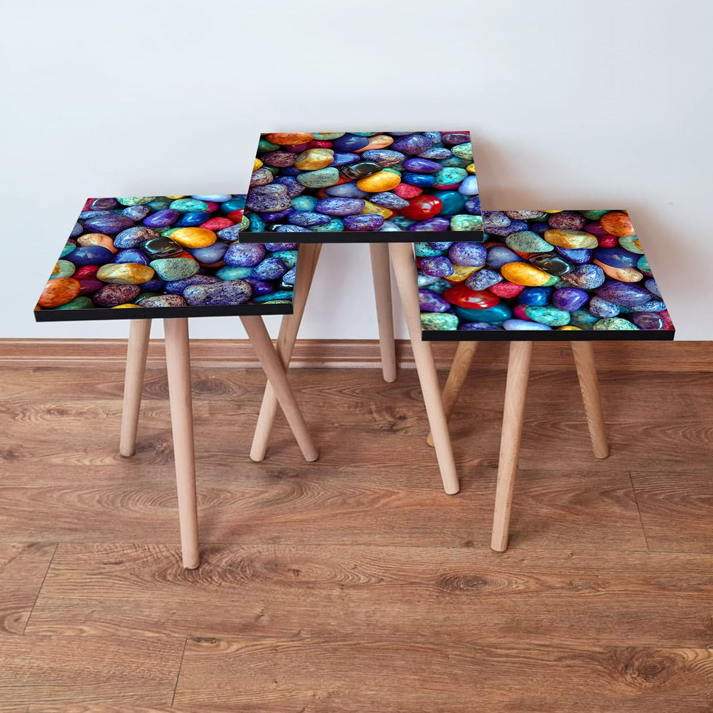 Set masute de cafea cuib, Hanah Home, mdf, multicolor, picioare lemn fag, 35x35x52 cm