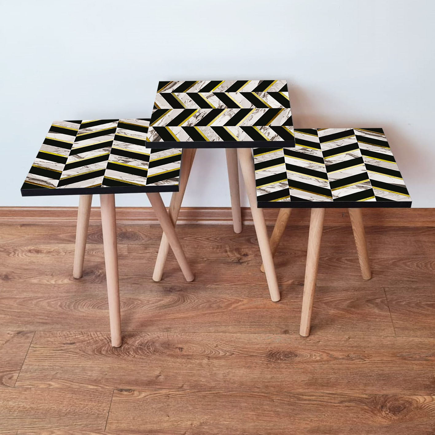 Set masute cuib, Hanah Home, mdf, alb negru auriu, 35x35x52 cm