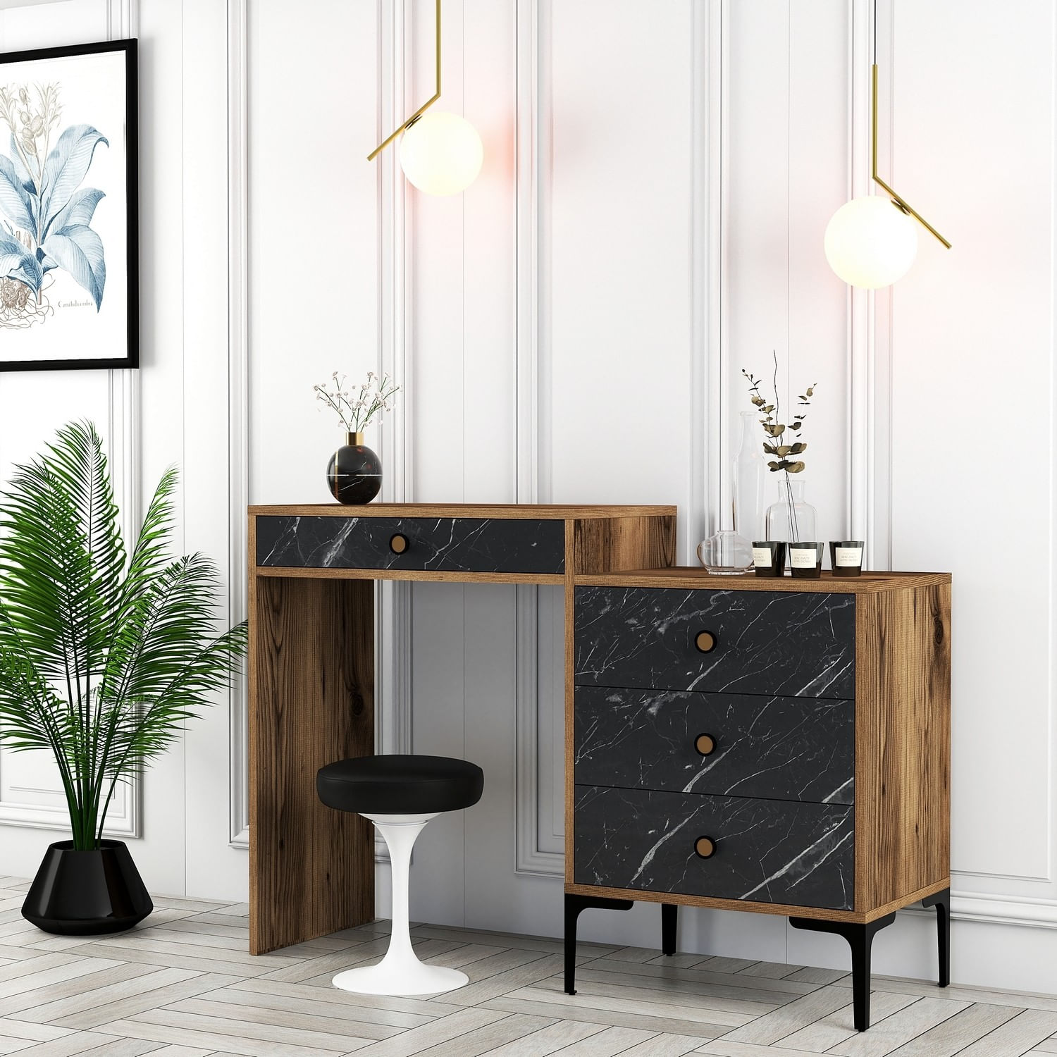 Masa de machiaj, Hanah Home, pal melaminat, nuc si negru, 124x40x84.7 cm — imaginea 3