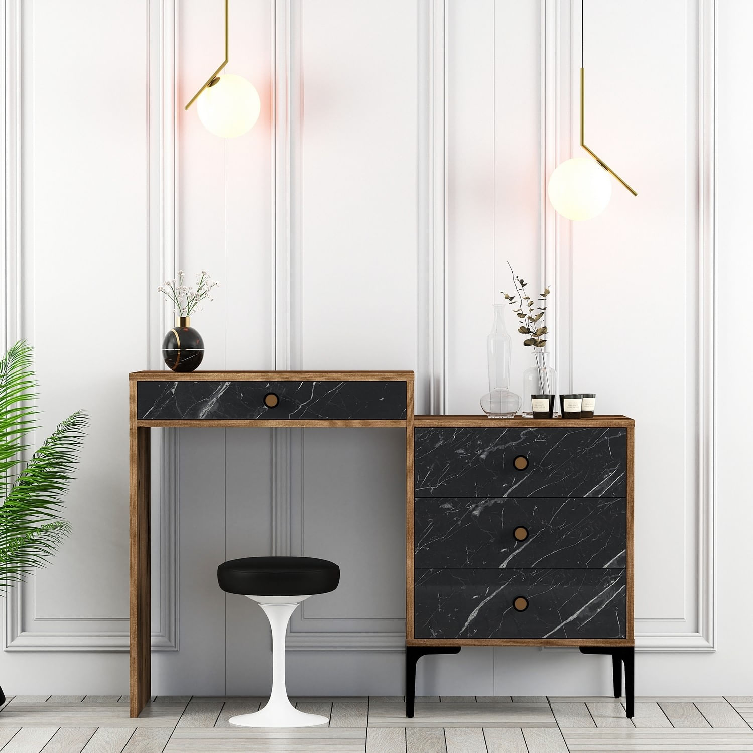 Masa de machiaj, Hanah Home, pal melaminat, nuc si negru, 124x40x84.7 cm — imaginea 4