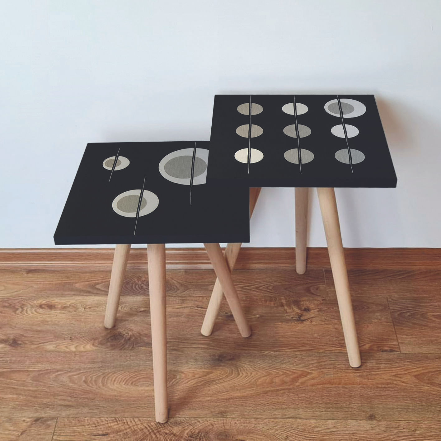 Set masute de cafea, Hanah Home, mdf, negru/bej/gri, 35x35x47 cm, picioare lemn fag