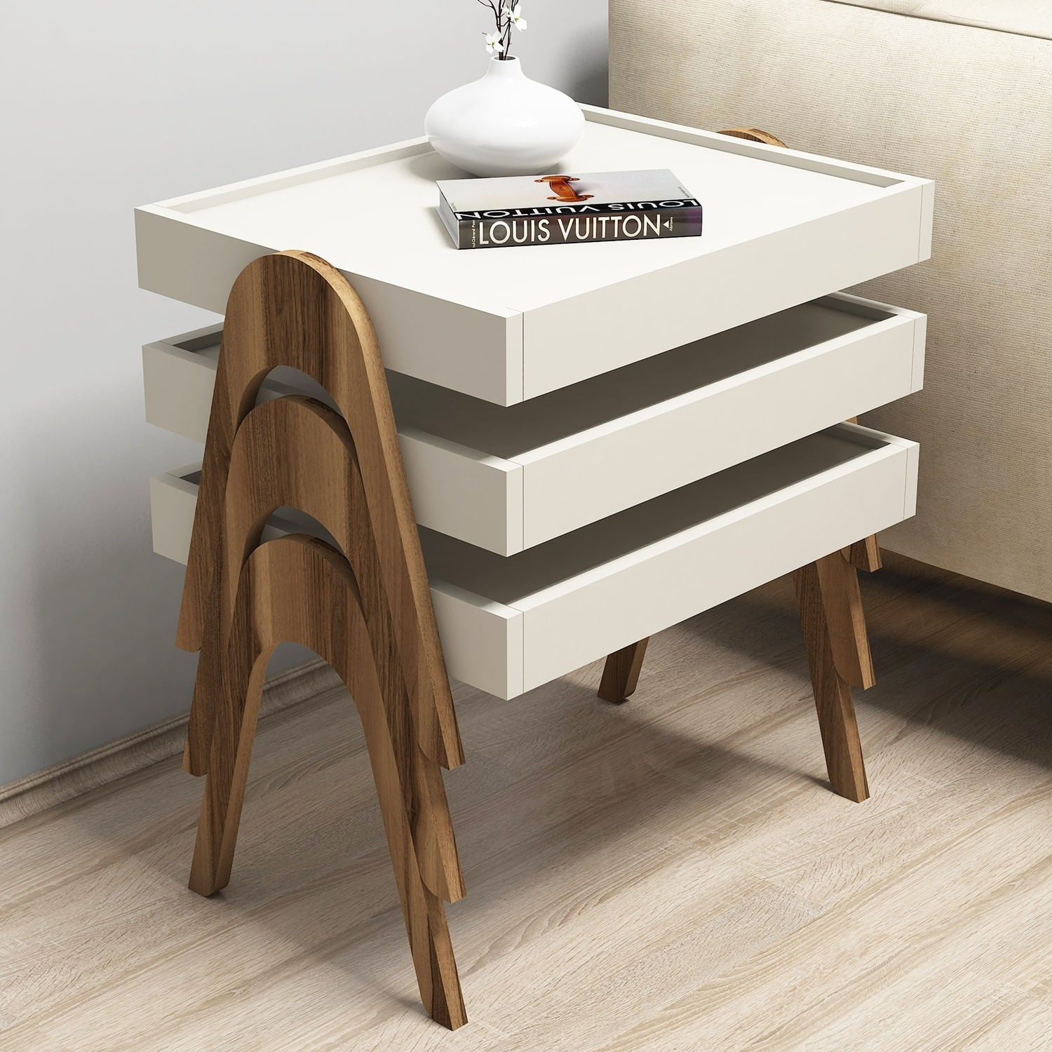 Set masute cuib, Hanah Home, panou de particule melaminat, nuc si crem, 53.6x64x40 cm (3 bucati) — imaginea 3