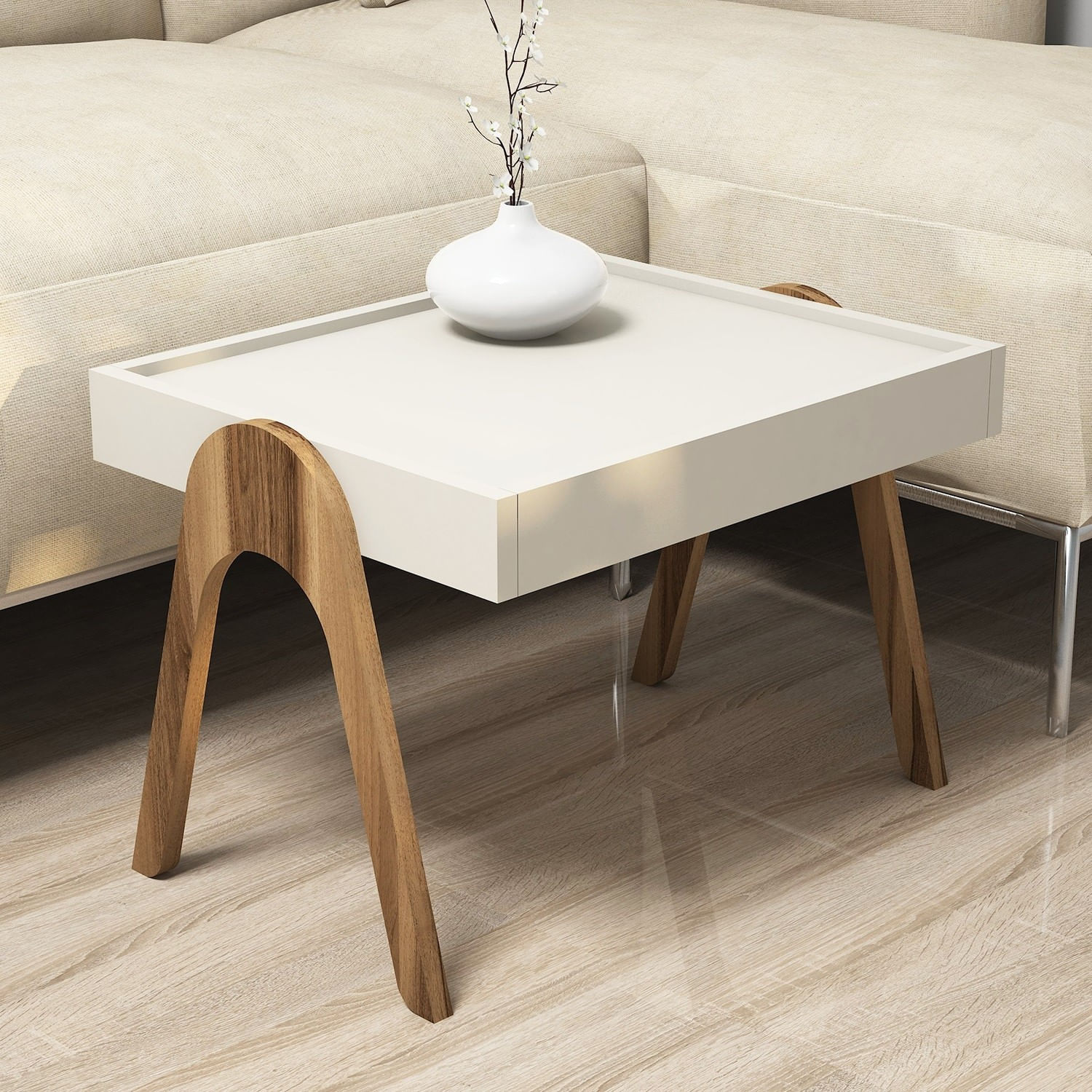 Set masute cuib, Hanah Home, panou de particule melaminat, nuc si crem, 53.6x64x40 cm (3 bucati) — imaginea 4