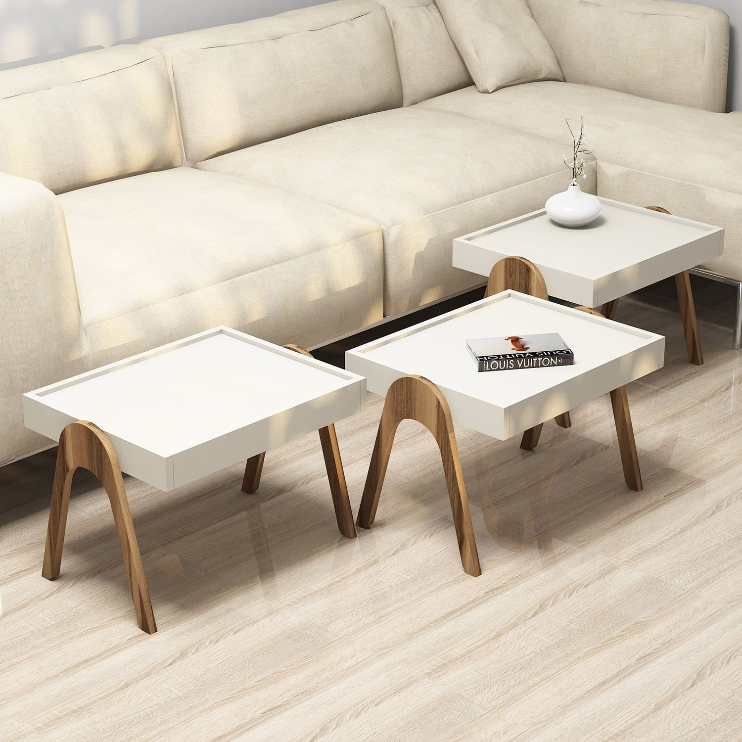 Set masute cuib, Hanah Home, panou de particule melaminat, nuc si crem, 53.6x64x40 cm (3 bucati) — imaginea 5