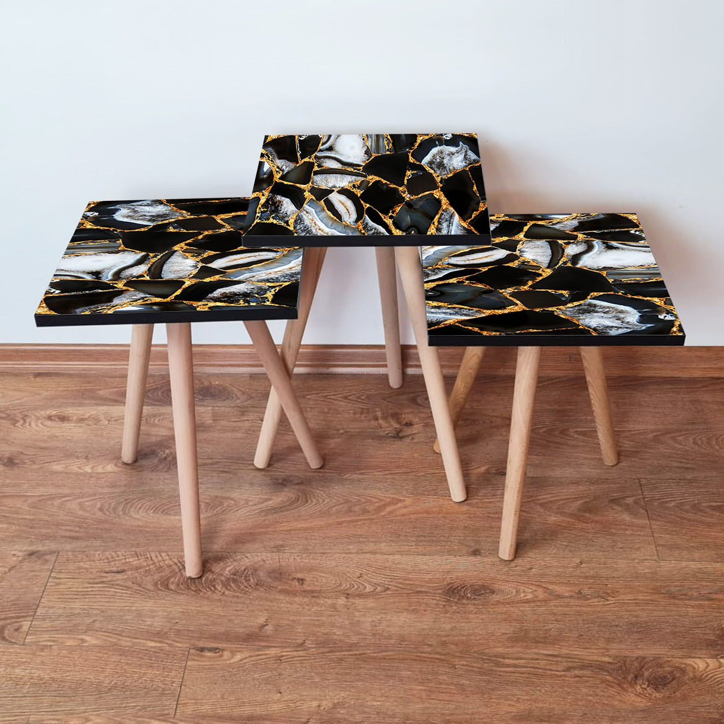 Set masute de cafea, Hanah Home, mdf, negru auriu alb, 35x35x52 cm, 481LNA3169