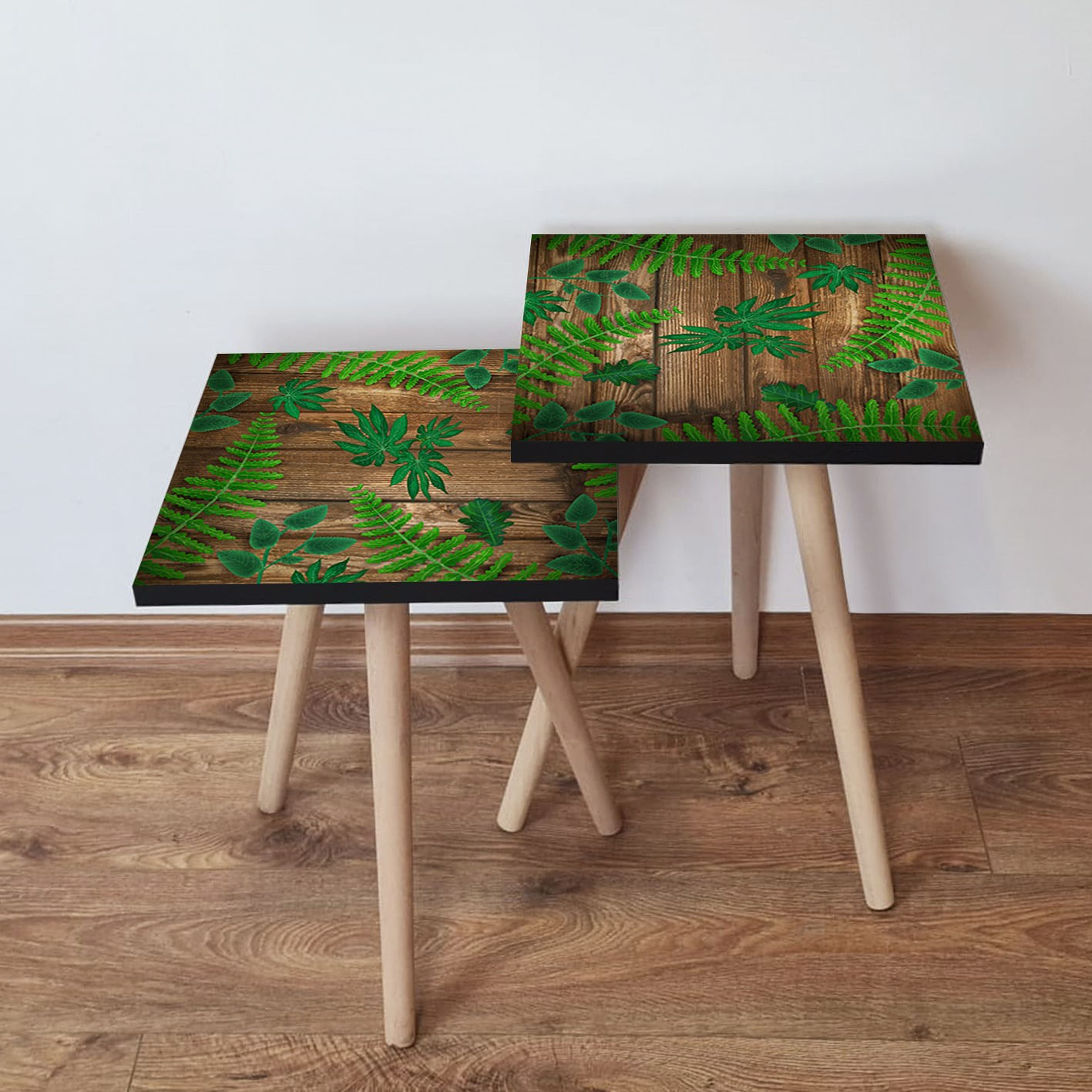 Set masute cuib, Hanah Home, mdf, verde si maro, 35x47x35 cm, picioare lemn fag