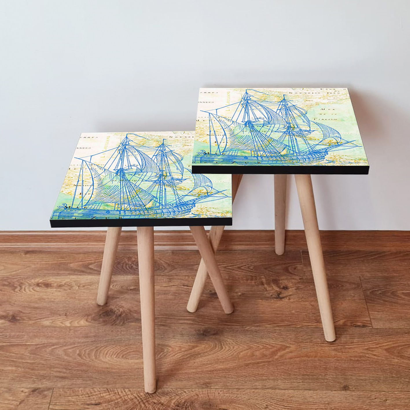 Set masute de cafea, Hanah Home, mdf, albastru marin verde bej, 35x47x35 cm, 35x42x35 cm