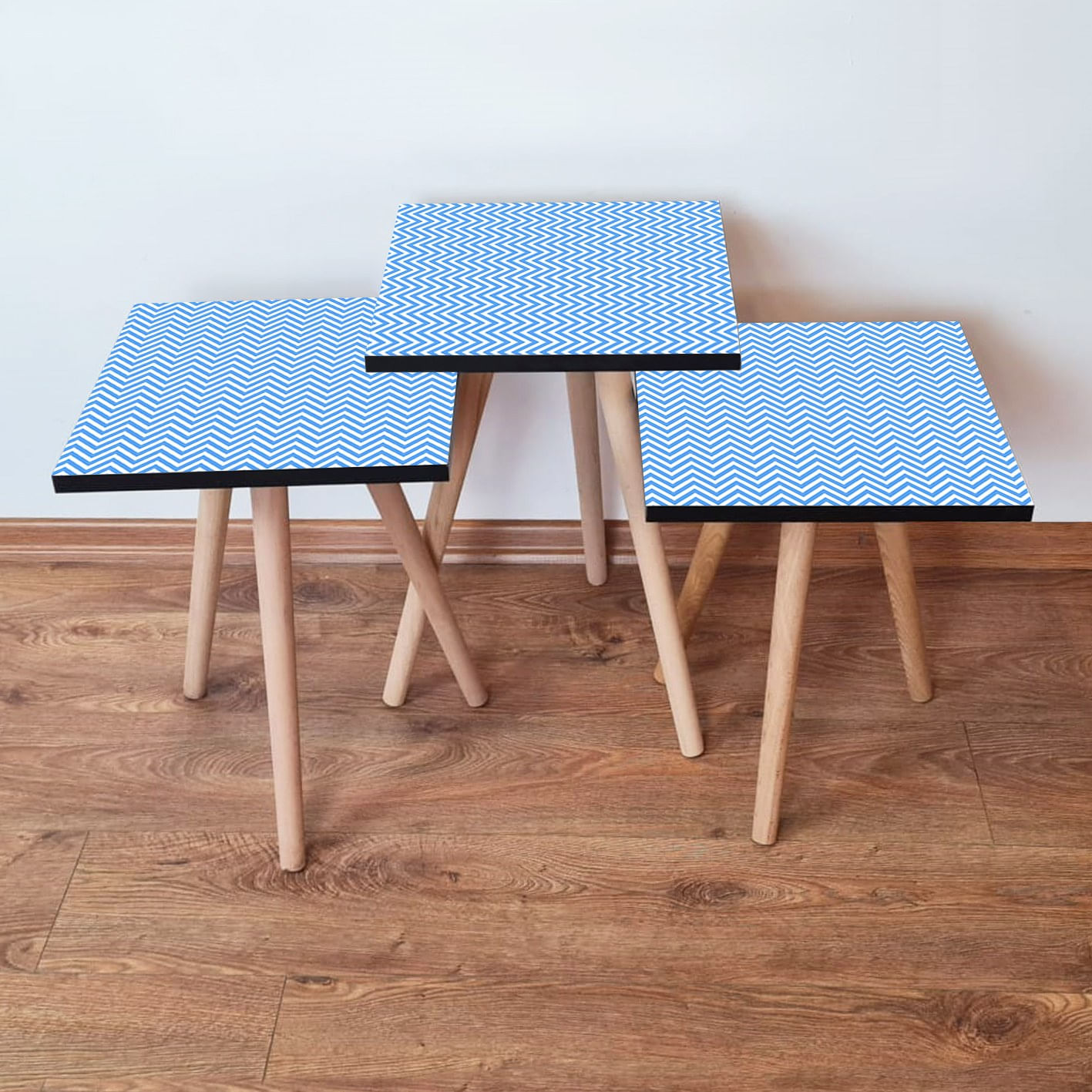 Set masute cuib, Hanah Home, mdf, albastru alb, 3 piese