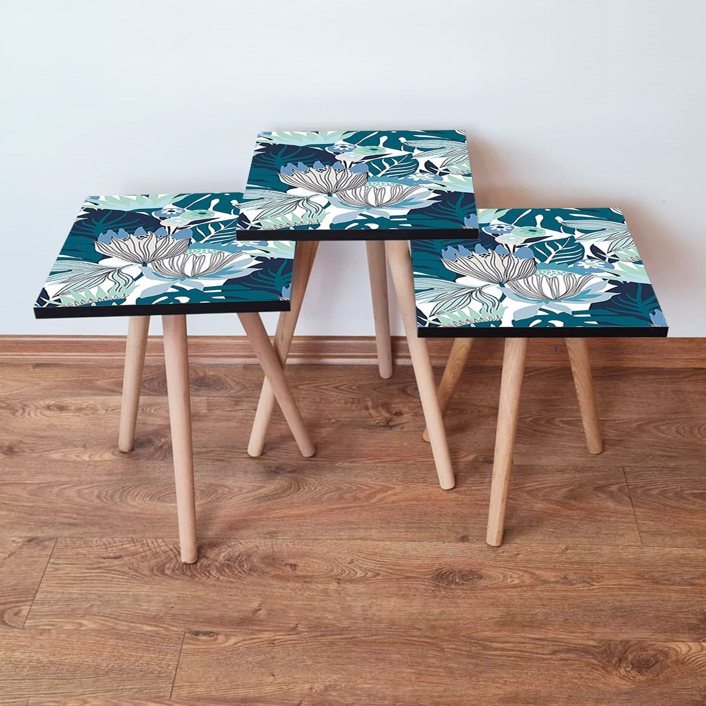 Set masute cuib, Hanah Home, mdf, alb negru albastru marin albastru, 35x35x52 cm