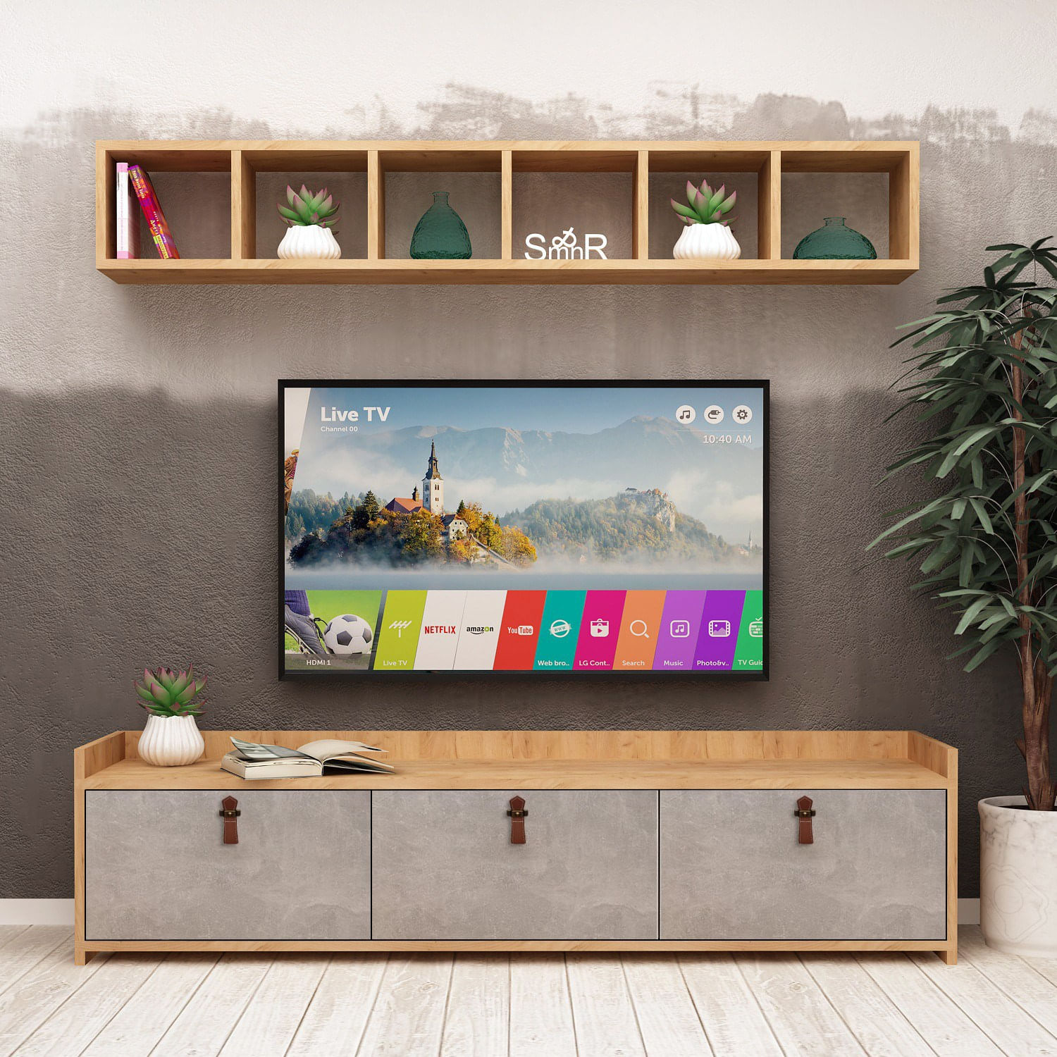 Unitate tv, Hanah Home, pal melaminat, stejar si alb, 150x45x35 cm