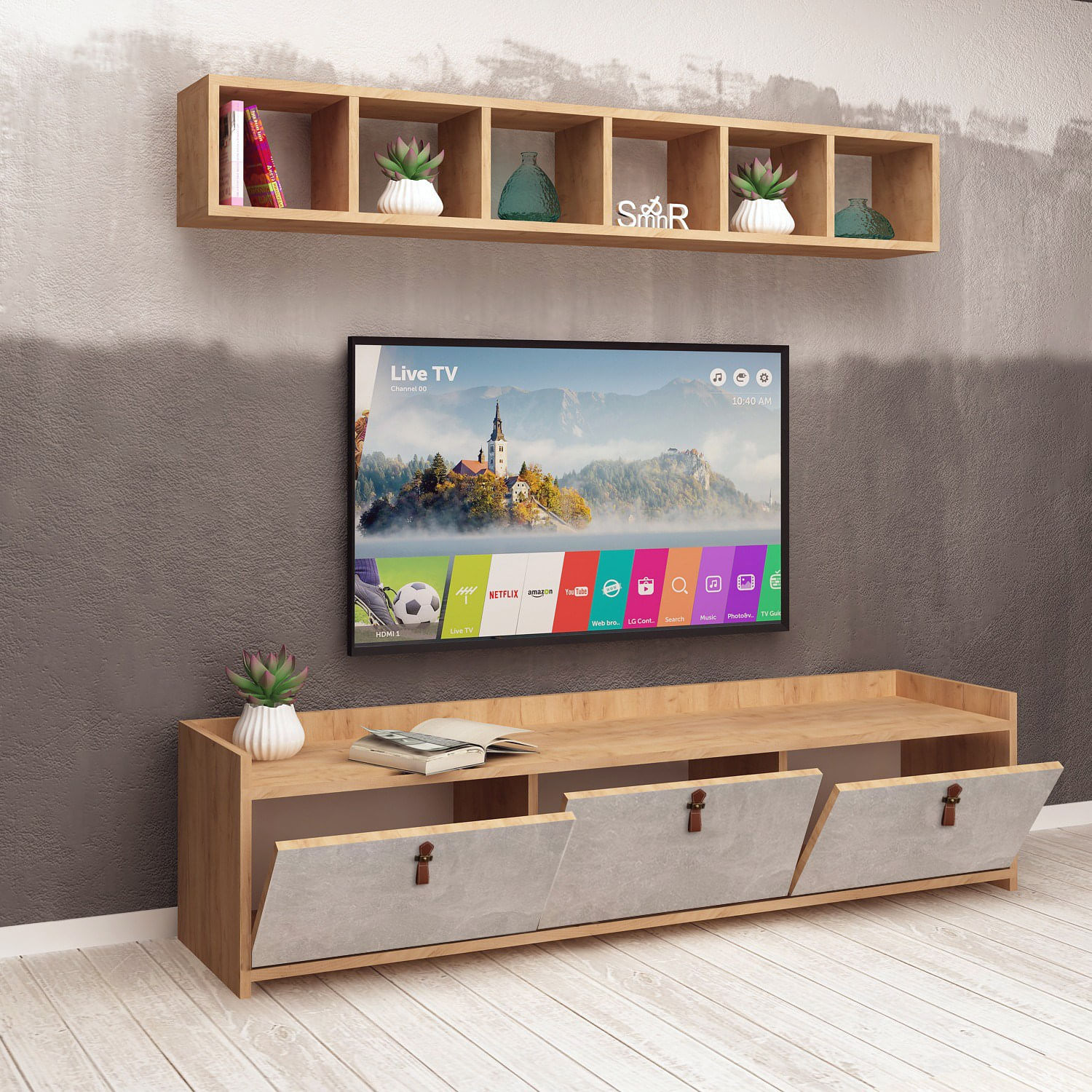 Unitate tv, Hanah Home, pal melaminat, stejar si alb, 150x45x35 cm — imaginea 4