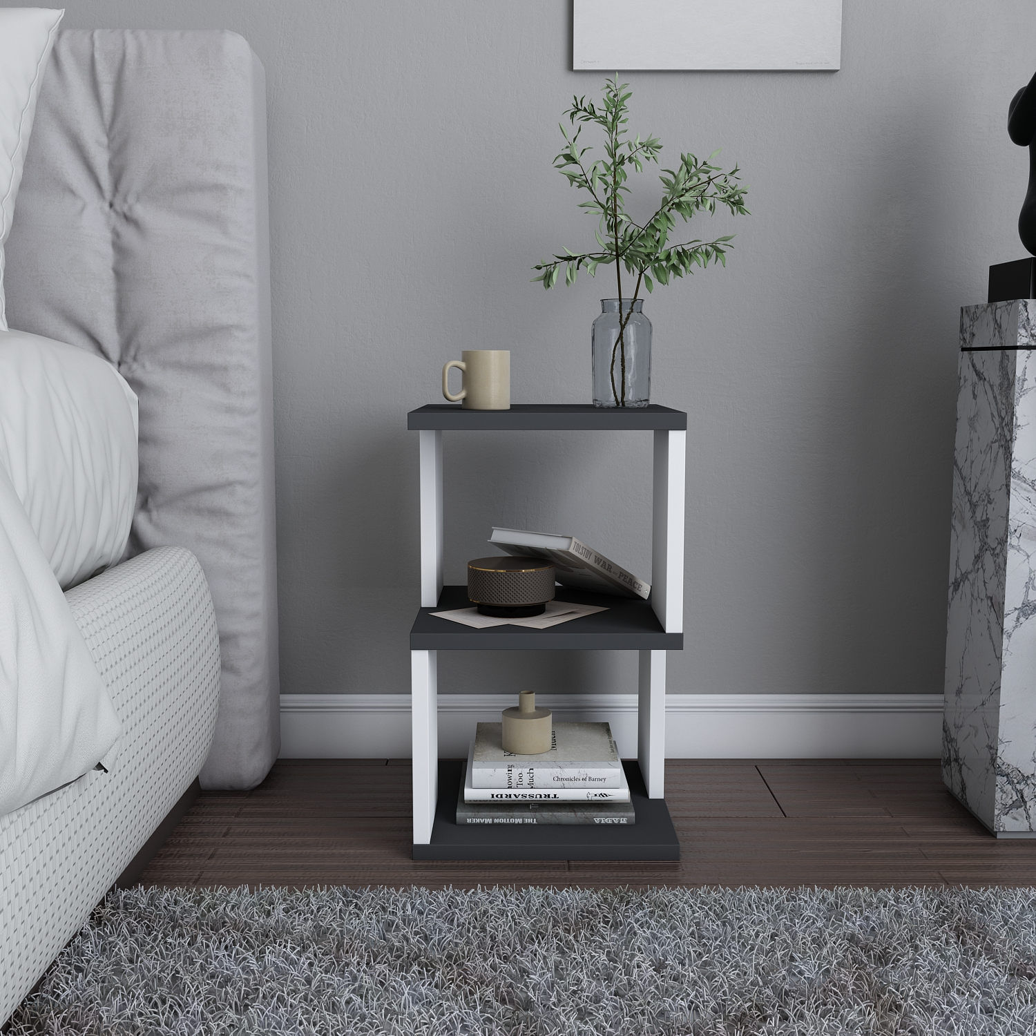 Noptiera, Hanah Home, pal melaminat, antracit si alb, 29.6x29.6x49.4 cm — imaginea 2