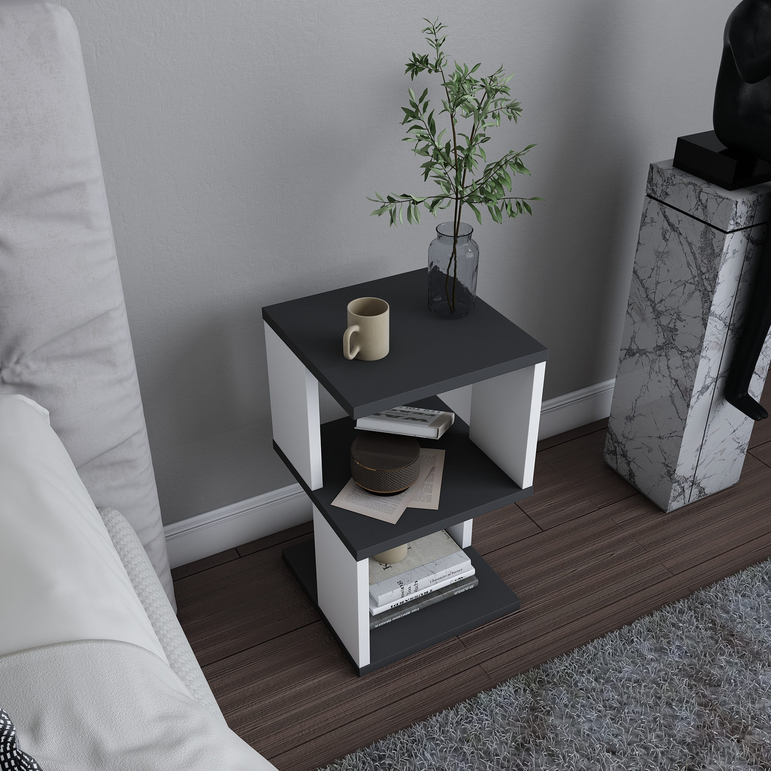 Noptiera, Hanah Home, pal melaminat, antracit si alb, 29.6x29.6x49.4 cm — imaginea 5