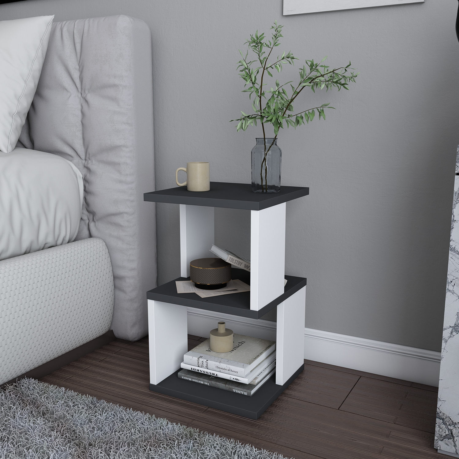 Noptiera, Hanah Home, pal melaminat, antracit si alb, 29.6x29.6x49.4 cm — imaginea 6