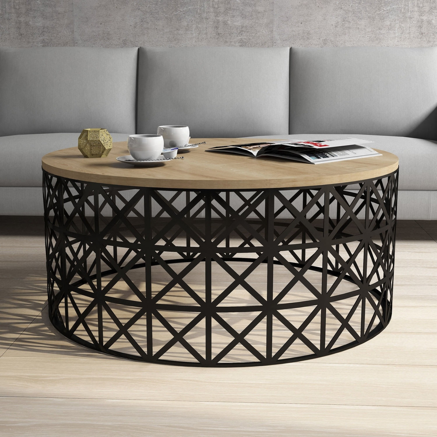 Masuta de cafea, Hanah Home, pal melaminat, stejar si negru, 90x90x38 cm, 845HCT5229 — imaginea 4